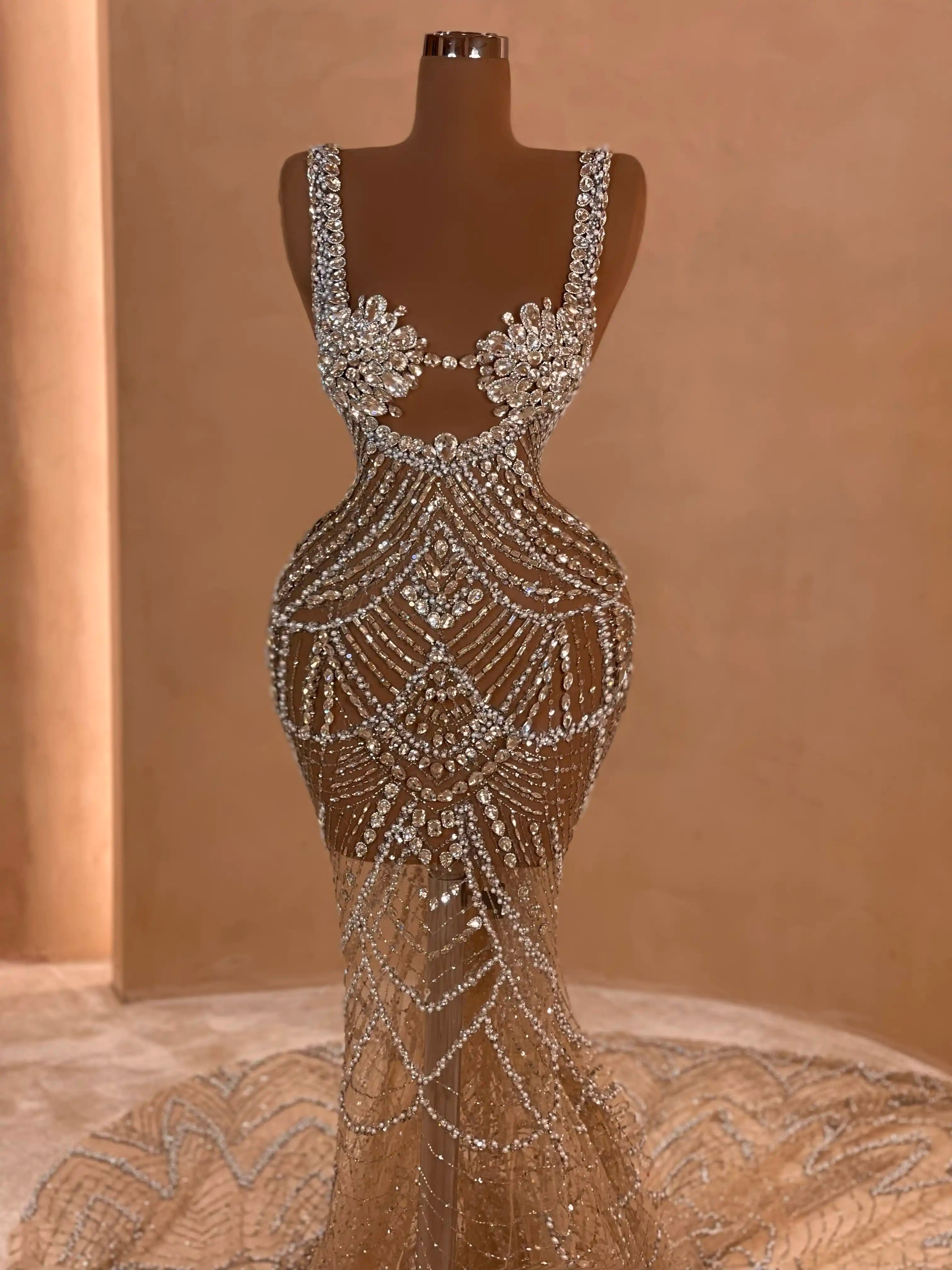 Champagne Crystal Embellished Evening Dress VALDRIN SAHITI Champagne Crystal Embellished Evening Dress VALDRIN SAHITI