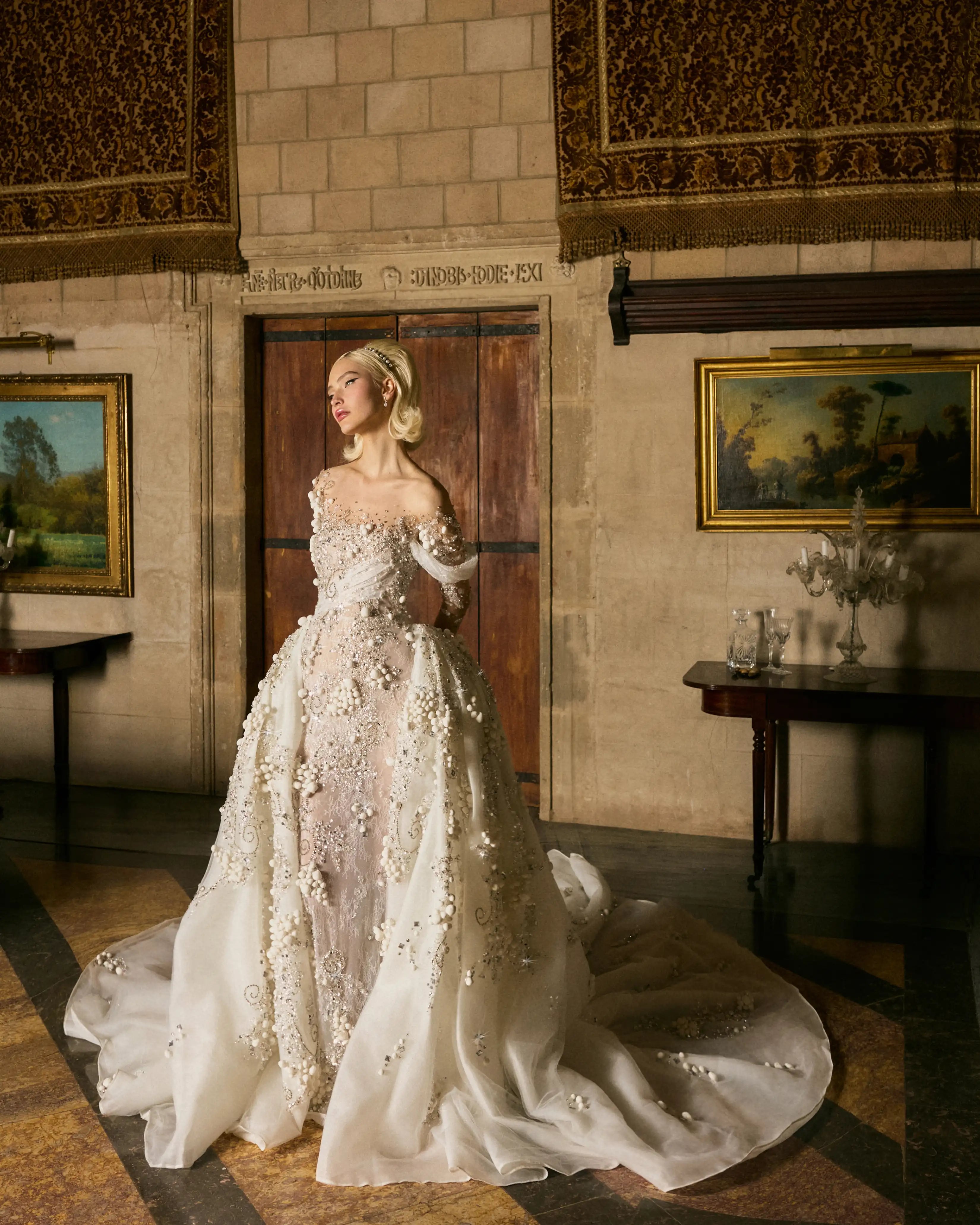 luxury bride dress Pearl Embellished Couture Bridal Gown with Train Luxury Wedding Dress – VALDRIN SAHITI