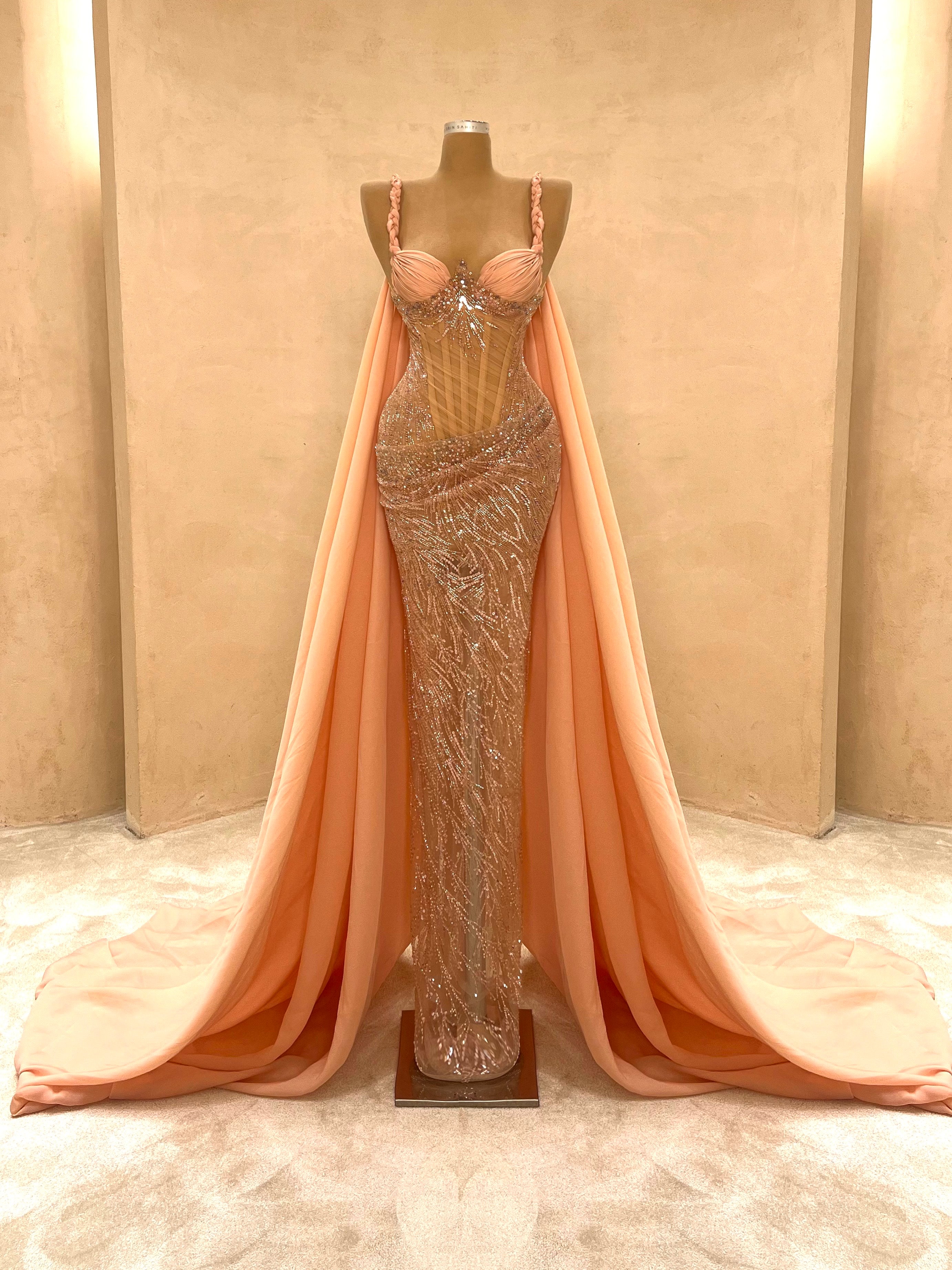 Peach Sequin Corset Gown with Chiffon Cape VALDRIN SAHITI Peach Sequin Corset Gown with Chiffon Cape VALDRIN SAHITI