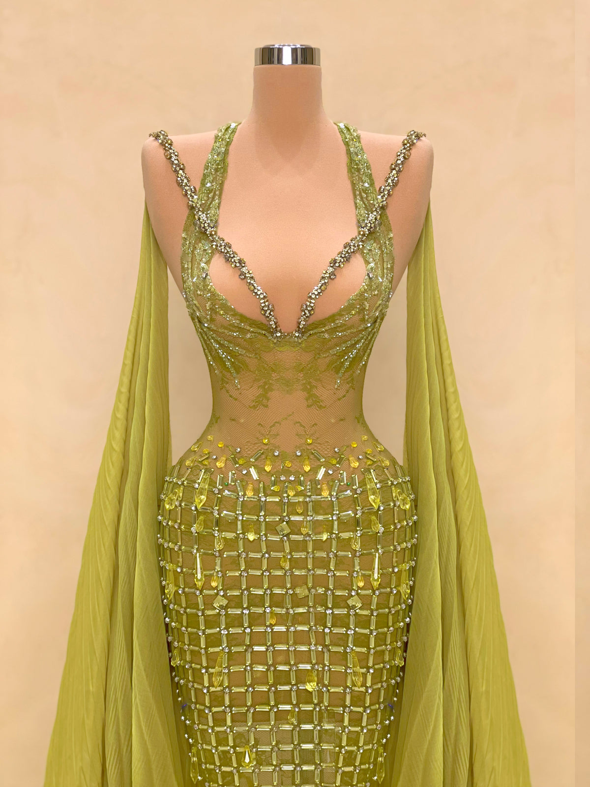 Lime Green Crystal Evening Gown with Draped Cape – Couture Formal Dress Model 1