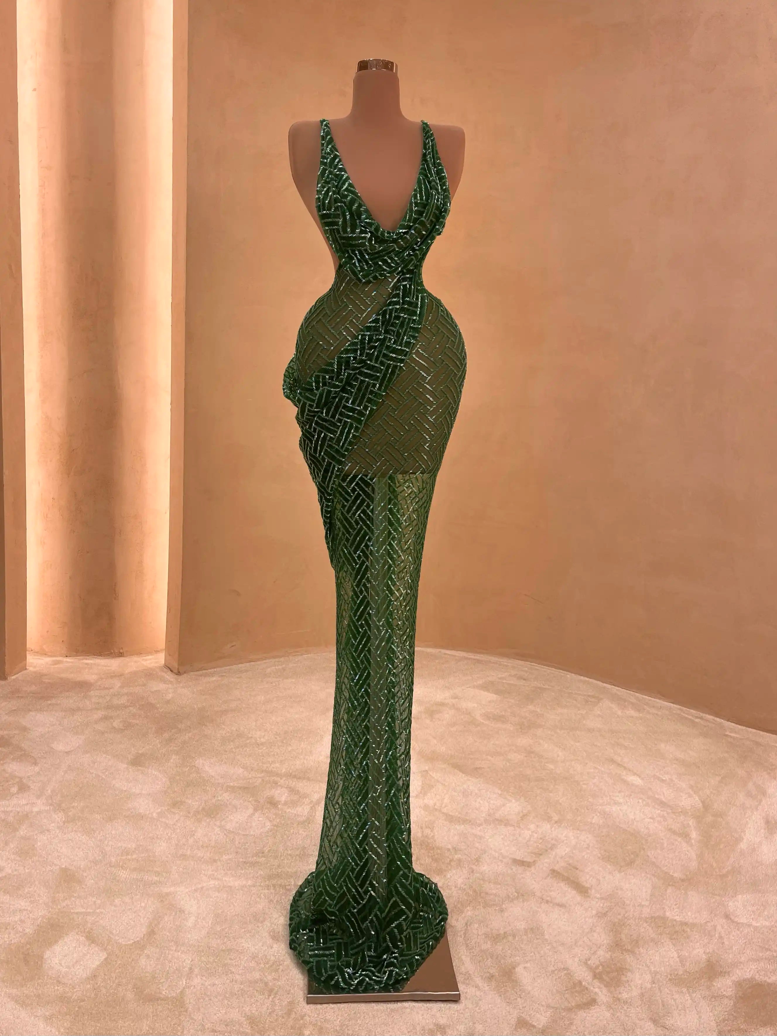 Green Beaded Sleek Evening Dress VALDRIN SAHITI Green Beaded Sleek Evening Dress VALDRIN SAHITI
