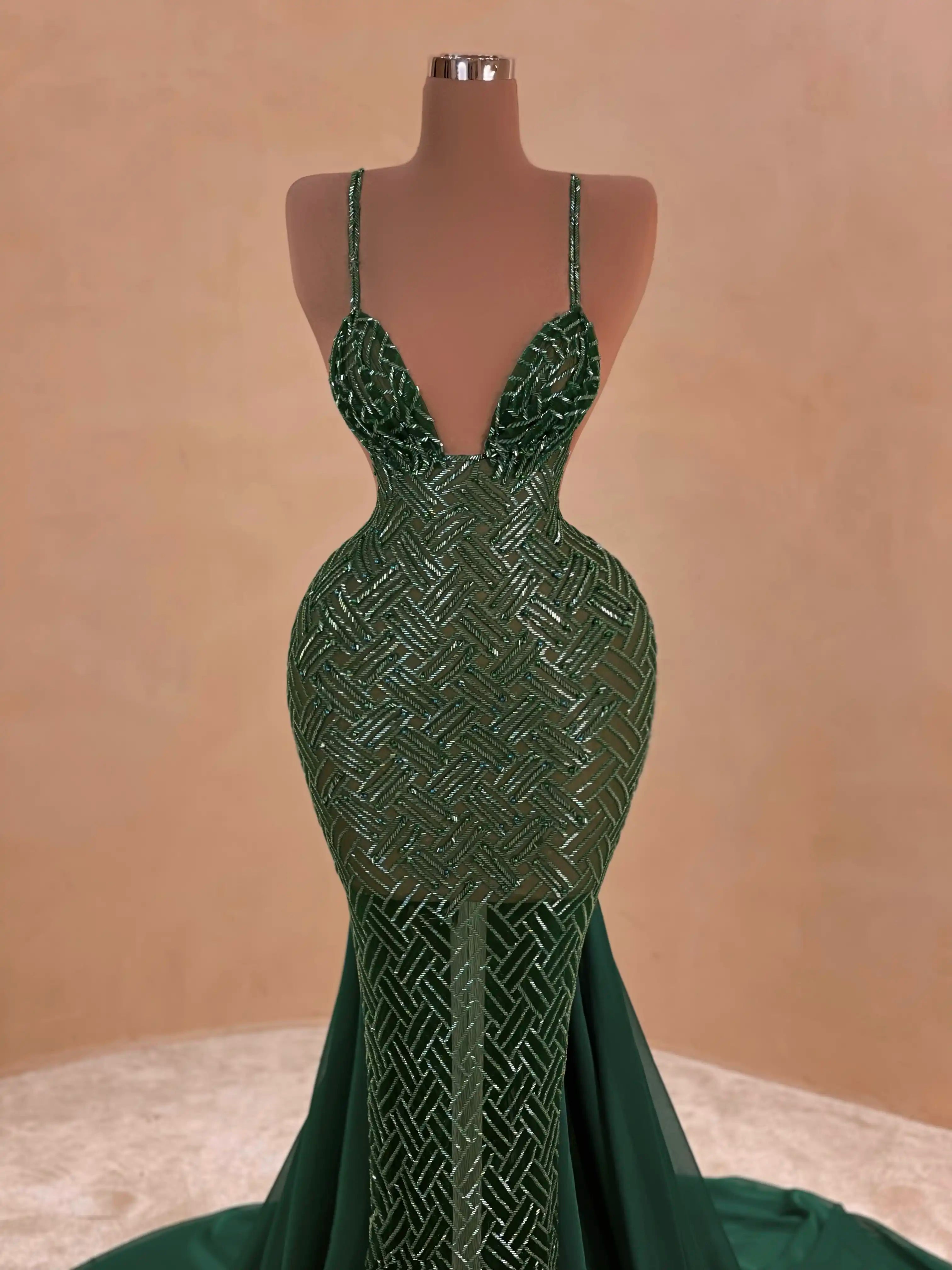 Green Beaded Sleek Evening Dress VALDRIN SAHITI Green Beaded Sleek Evening Dress VALDRIN SAHITI