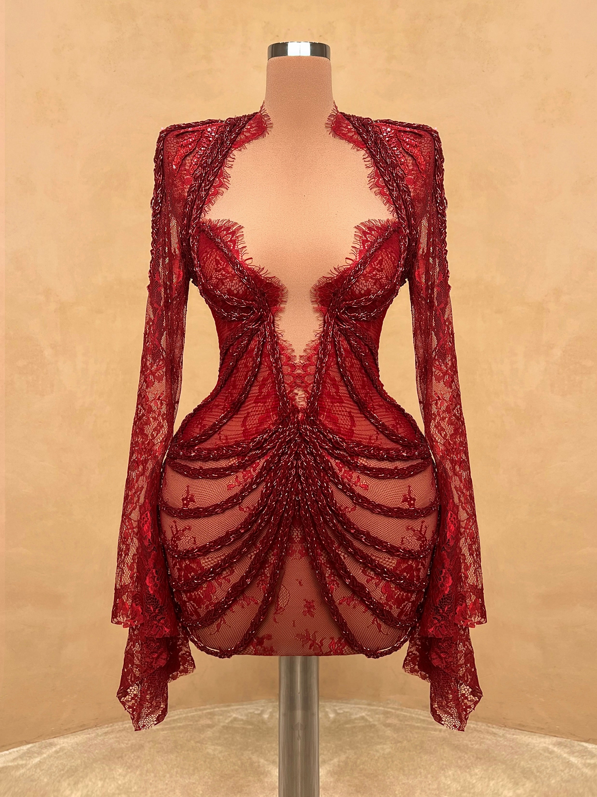 Red Lace Dragon Embroidery Gown with Fringe Sleeves Valdrin Sahiti VALDRIN SAHITI Red Lace Dragon Embroidery Gown with Fringe Sleeves Valdrin Sahiti VALDRIN SAHITI