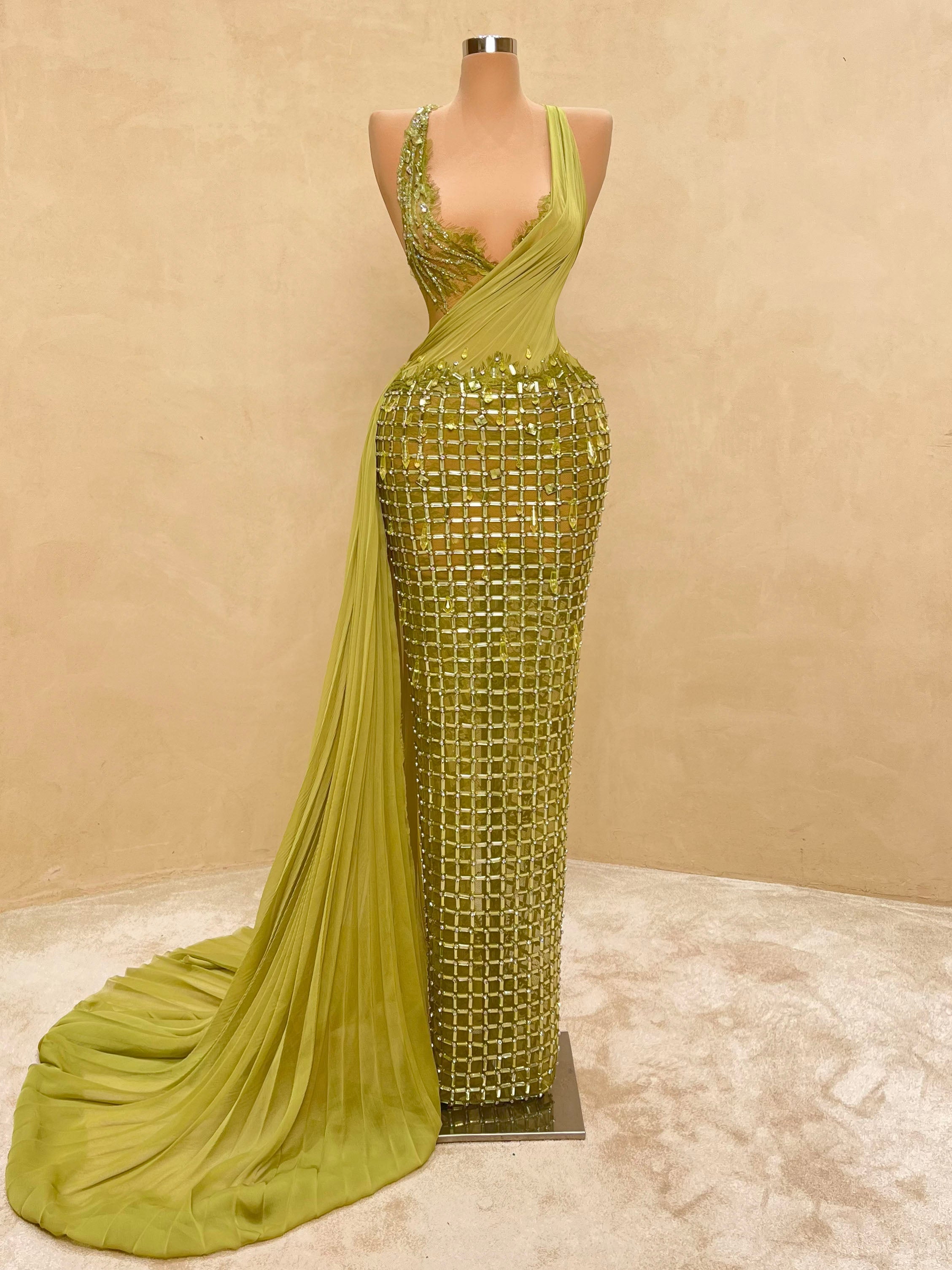 valdrin sahiti green dress One-Shoulder Draped Emerald Gown Evening Dress 058 VALDRIN SAHITI
