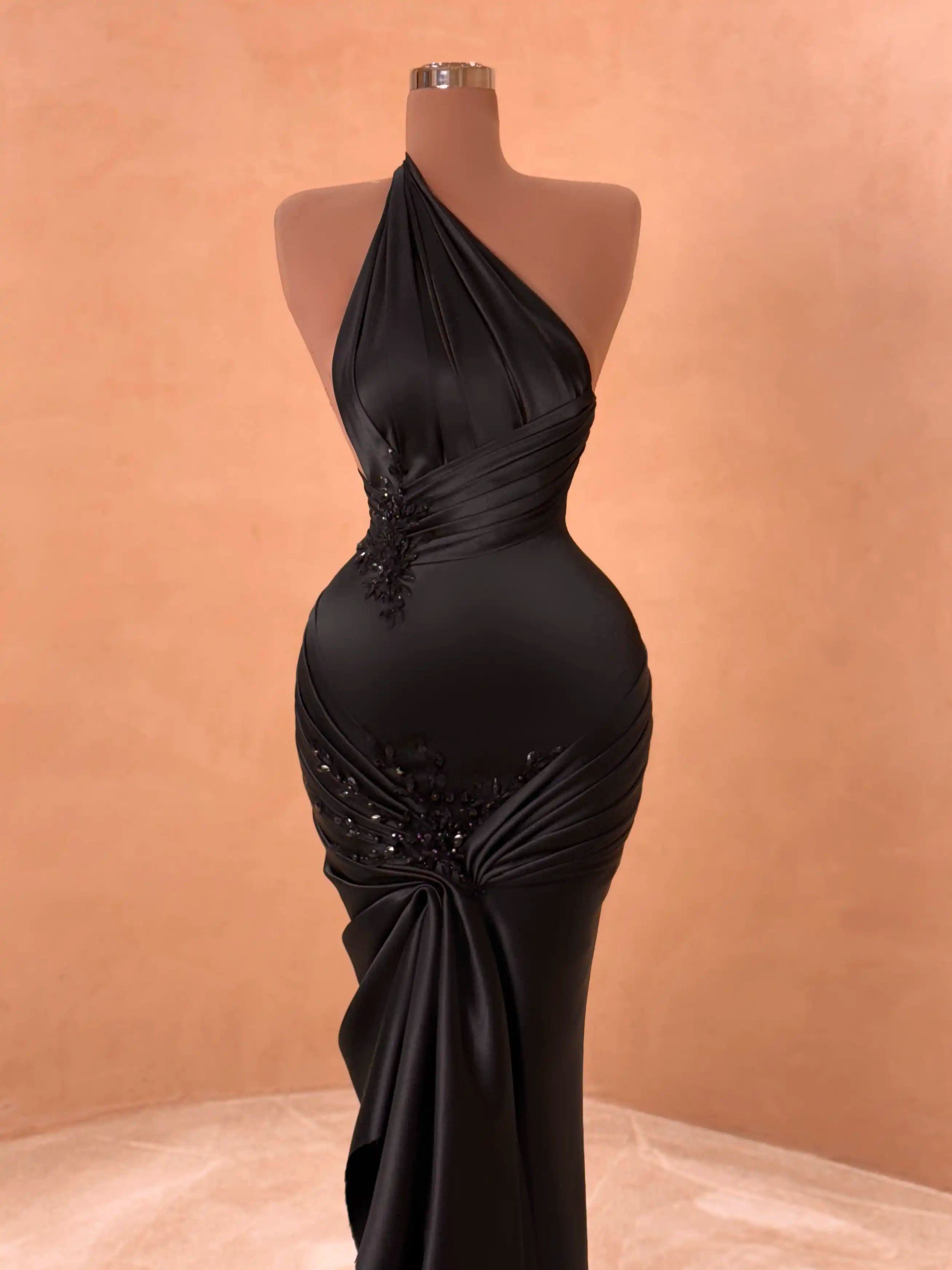 Black Halter Cutout Satin Evening Gown VALDRIN SAHITI Black Halter Cutout Satin Evening Gown VALDRIN SAHITI