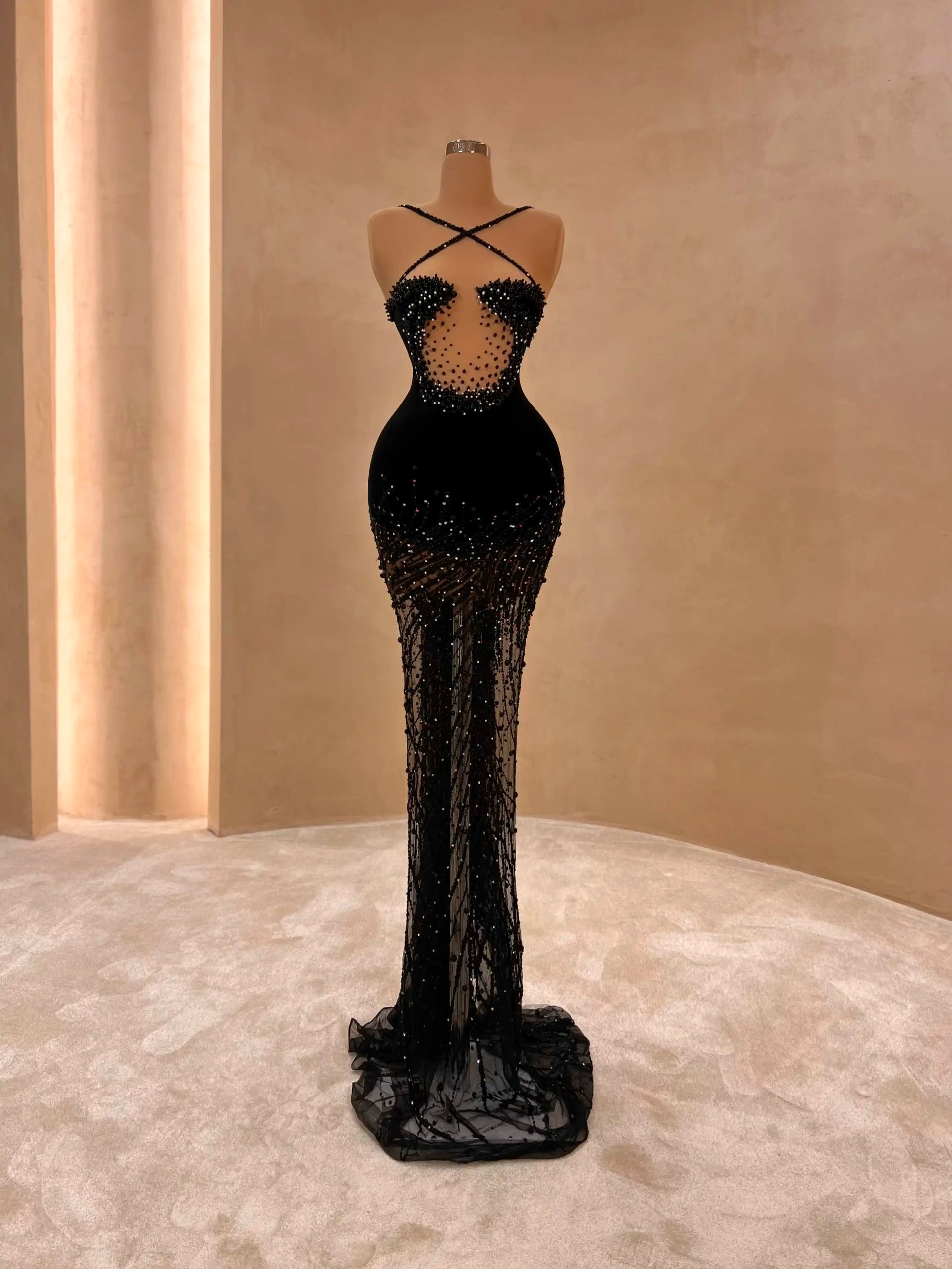 Sheer Black Lace Couture Gown with Cutout – Dress 033 – VALDRIN SAHITI