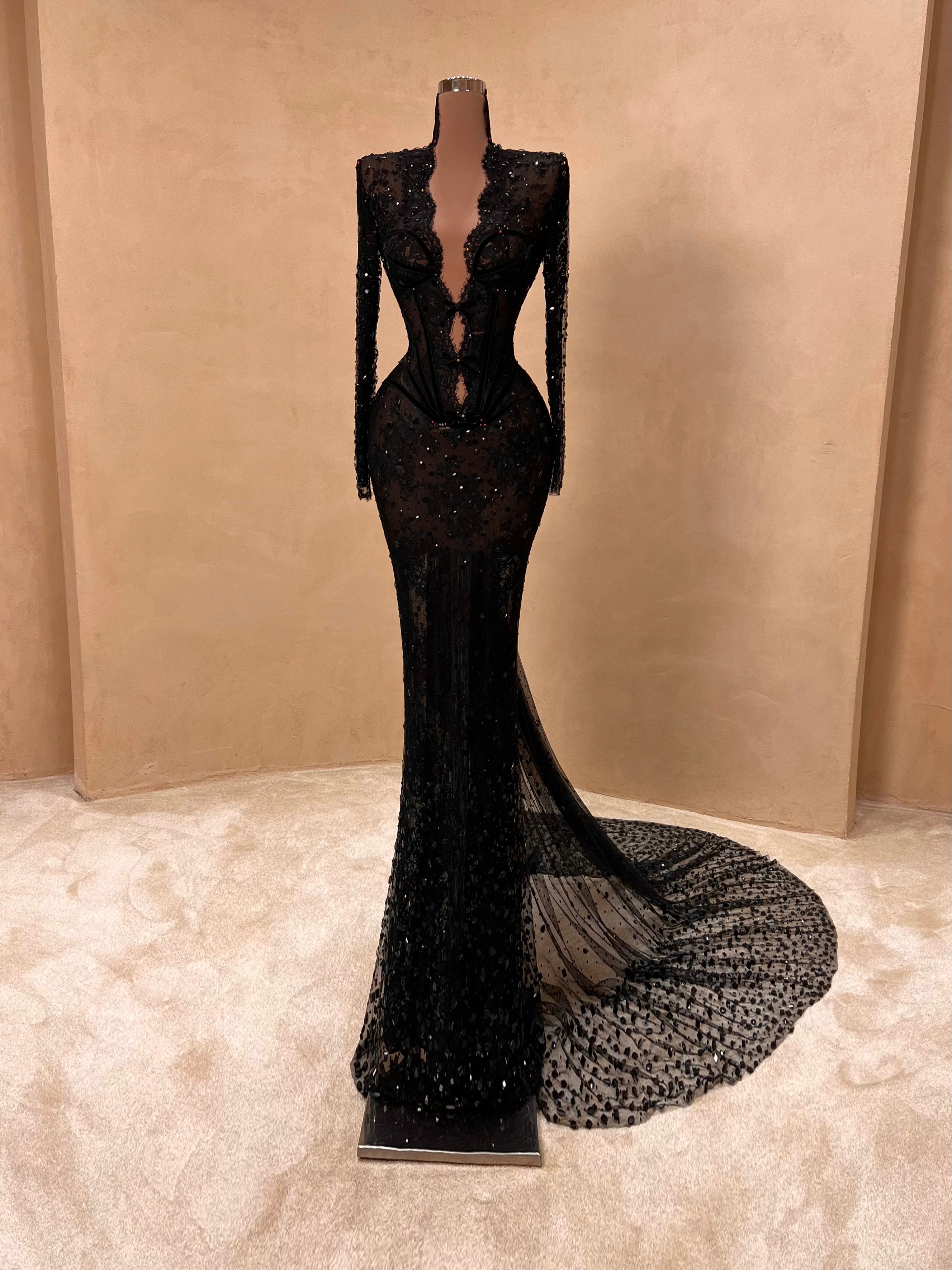 Black Lace Plunge Couture Gown Dress 035 VALDRIN SAHITI Black Lace Plunge Couture Gown Dress 035 VALDRIN SAHITI