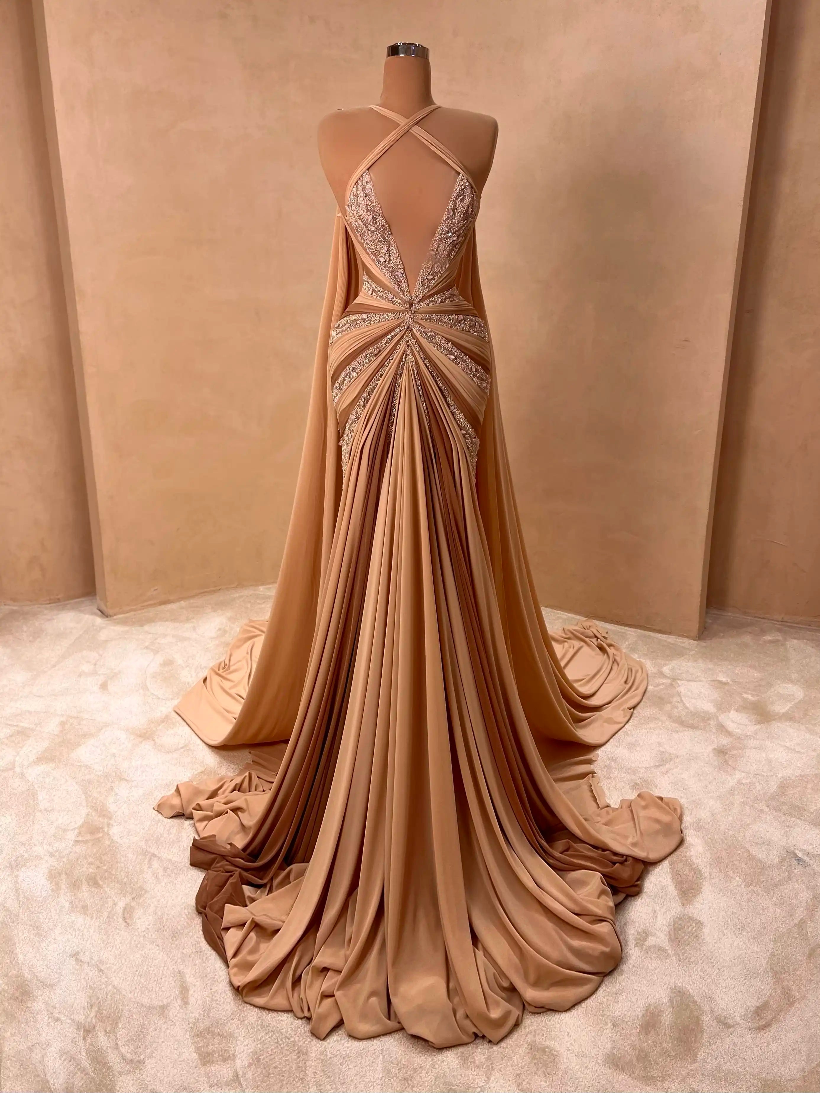 Nude Embellished Evening Gown Luxury Draped Formal Dress VALDRIN SAHITI Nude Embellished Evening Gown Luxury Draped Formal Dress VALDRIN SAHITI