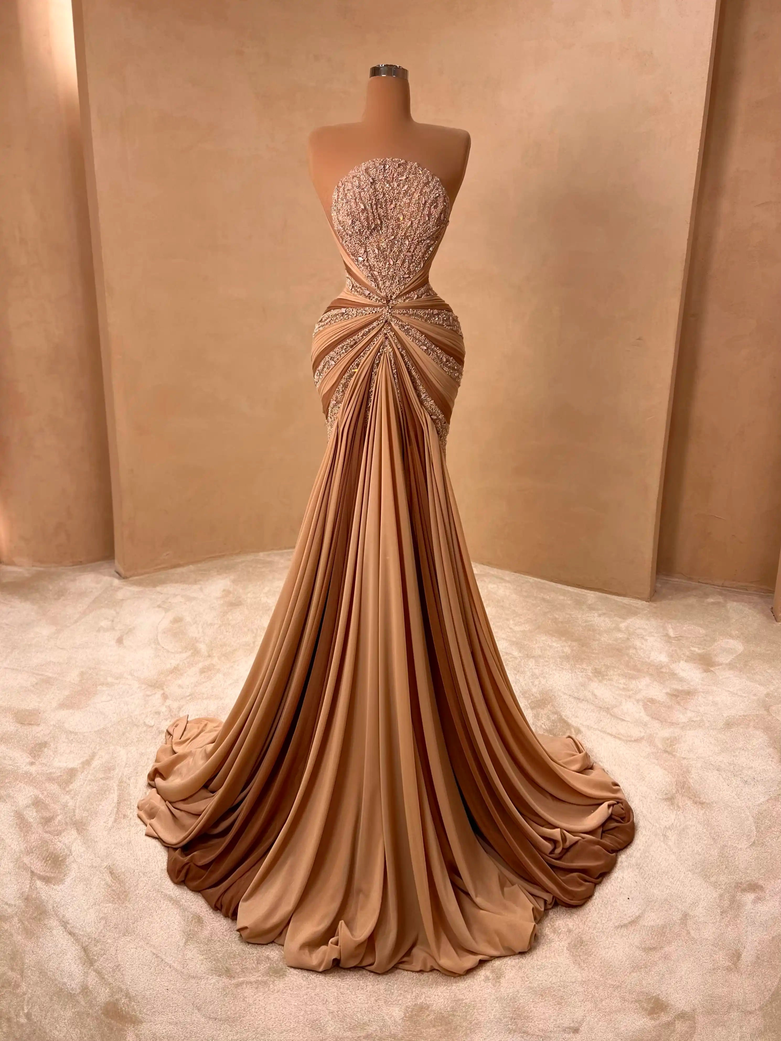 Nude Embellished Evening Gown Luxury Draped Formal Dress VALDRIN SAHITI Nude Embellished Evening Gown Luxury Draped Formal Dress VALDRIN SAHITI