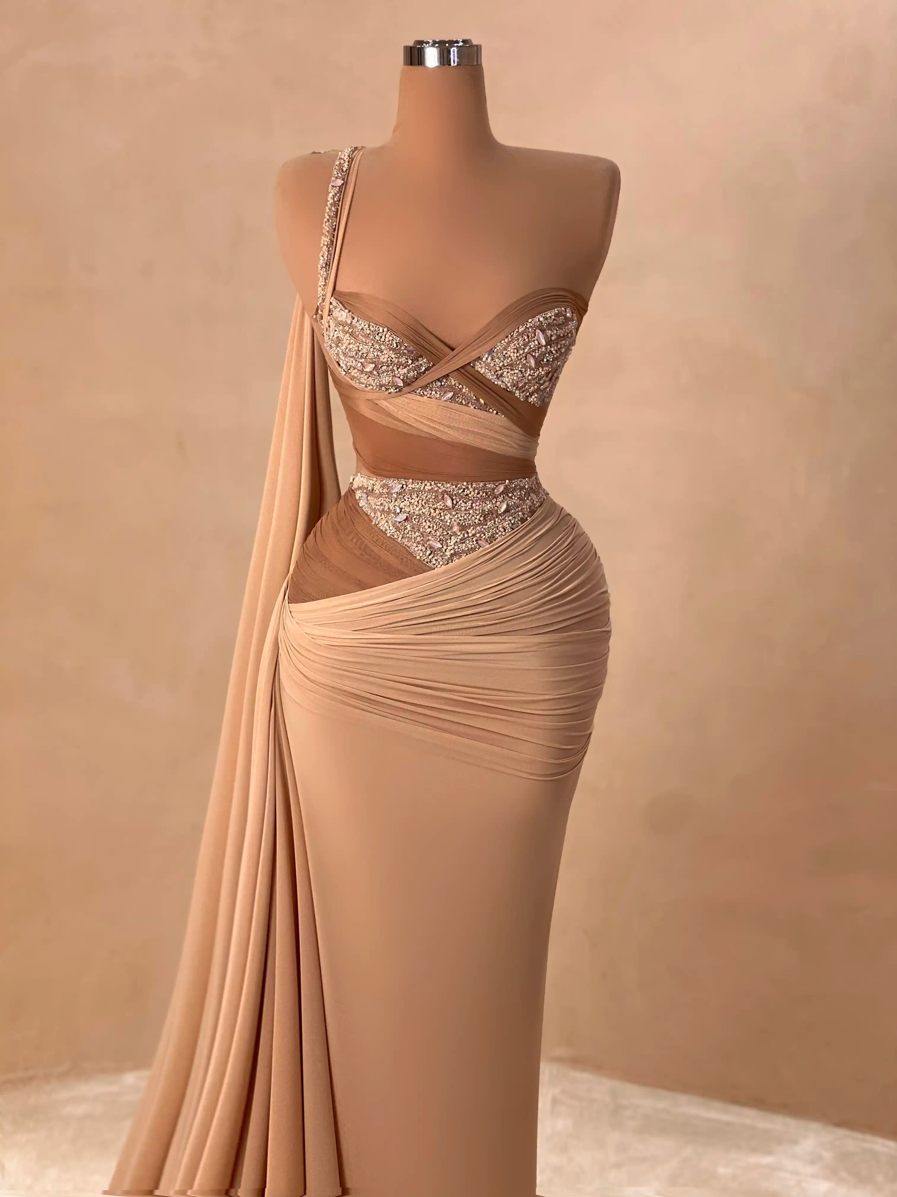 Nude Embellished Evening Gown Luxury Draped Formal Dress VALDRIN SAHITI Nude Embellished Evening Gown Luxury Draped Formal Dress VALDRIN SAHITI