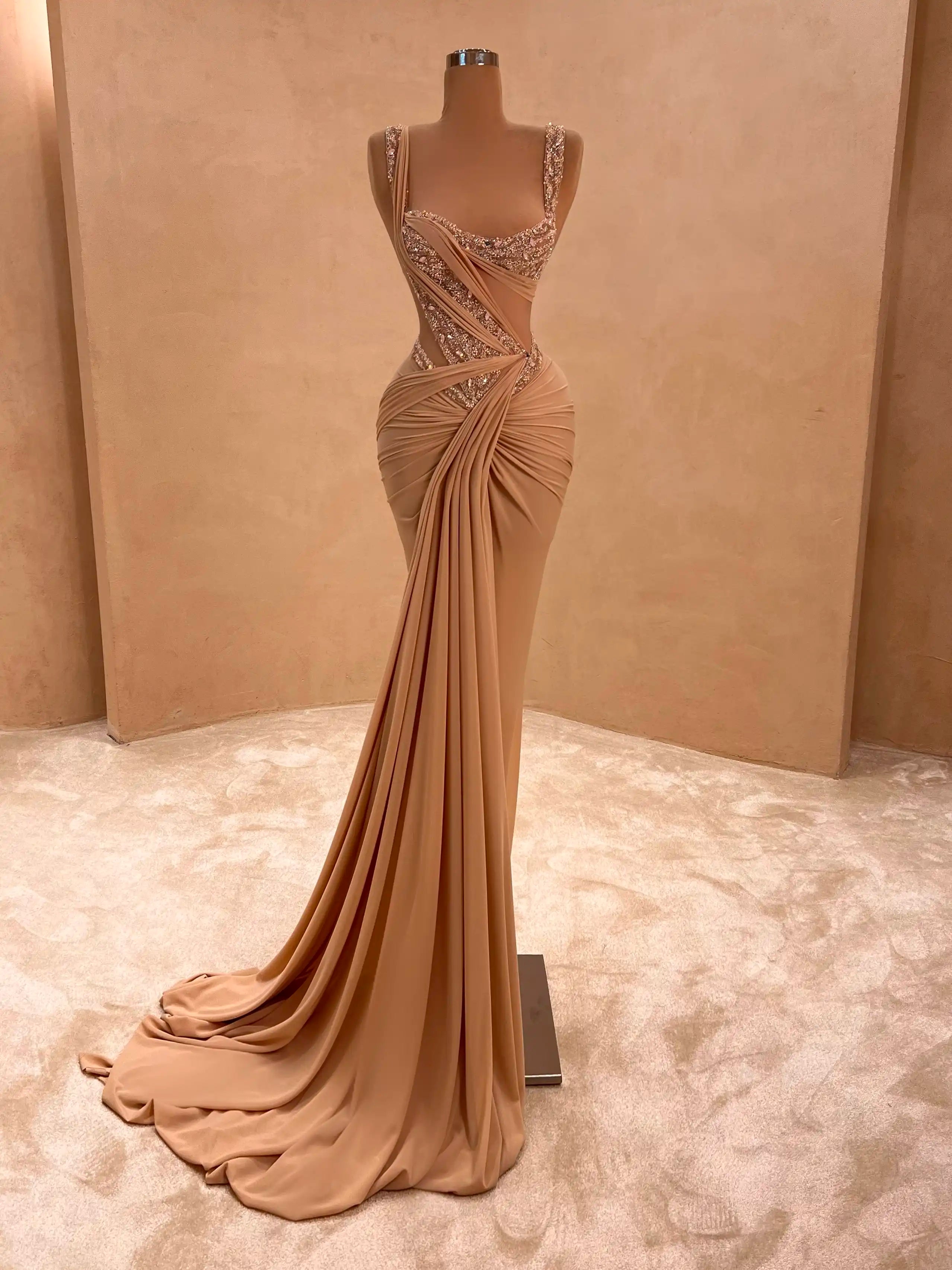 Nude Embellished Evening Gown Luxury Draped Formal Dress VALDRIN SAHITI Nude Embellished Evening Gown Luxury Draped Formal Dress VALDRIN SAHITI