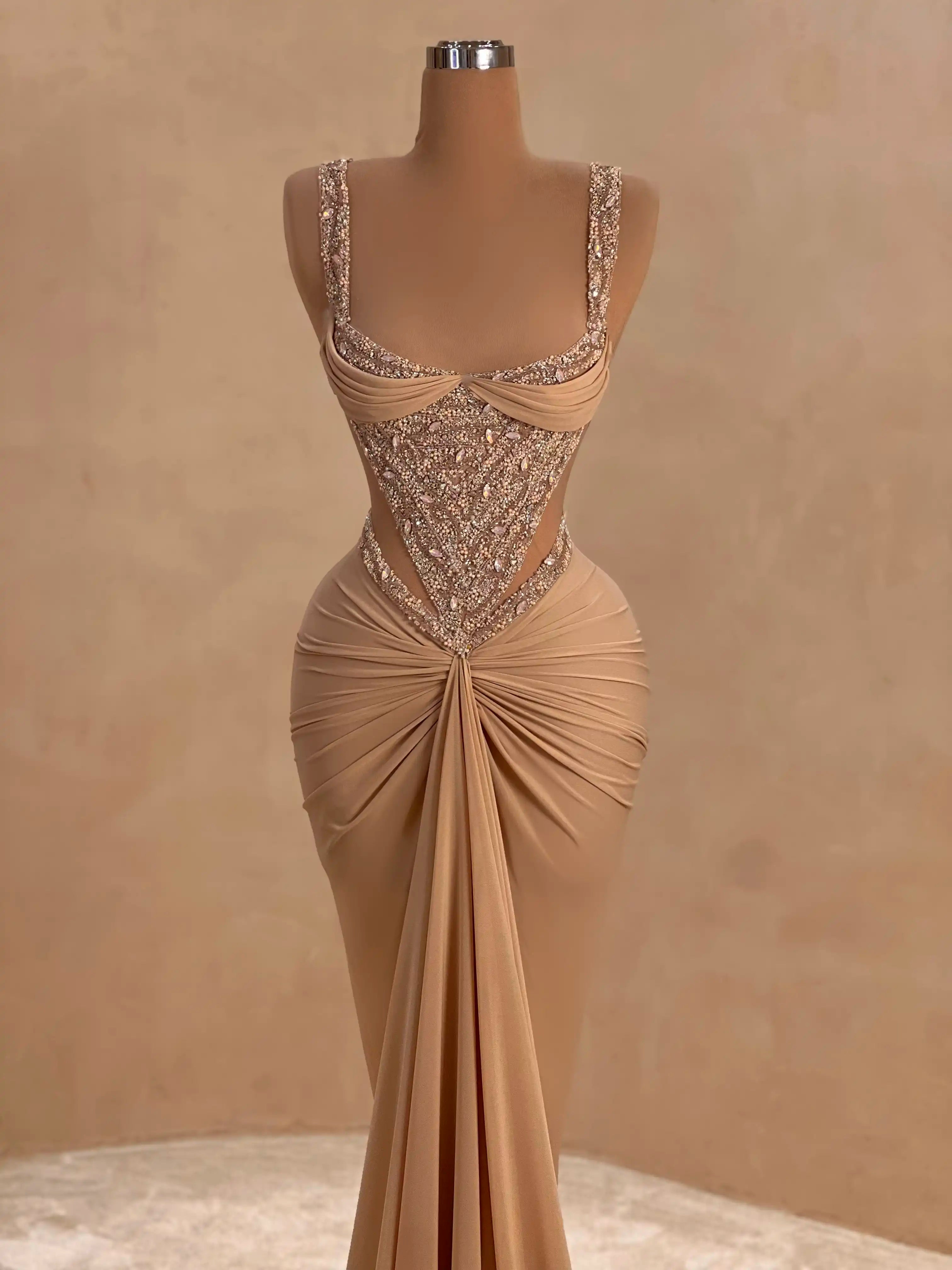 valdrin sahiti evening dress Nude Embellished Evening Gown Luxury Draped Formal Dress VALDRIN SAHITI