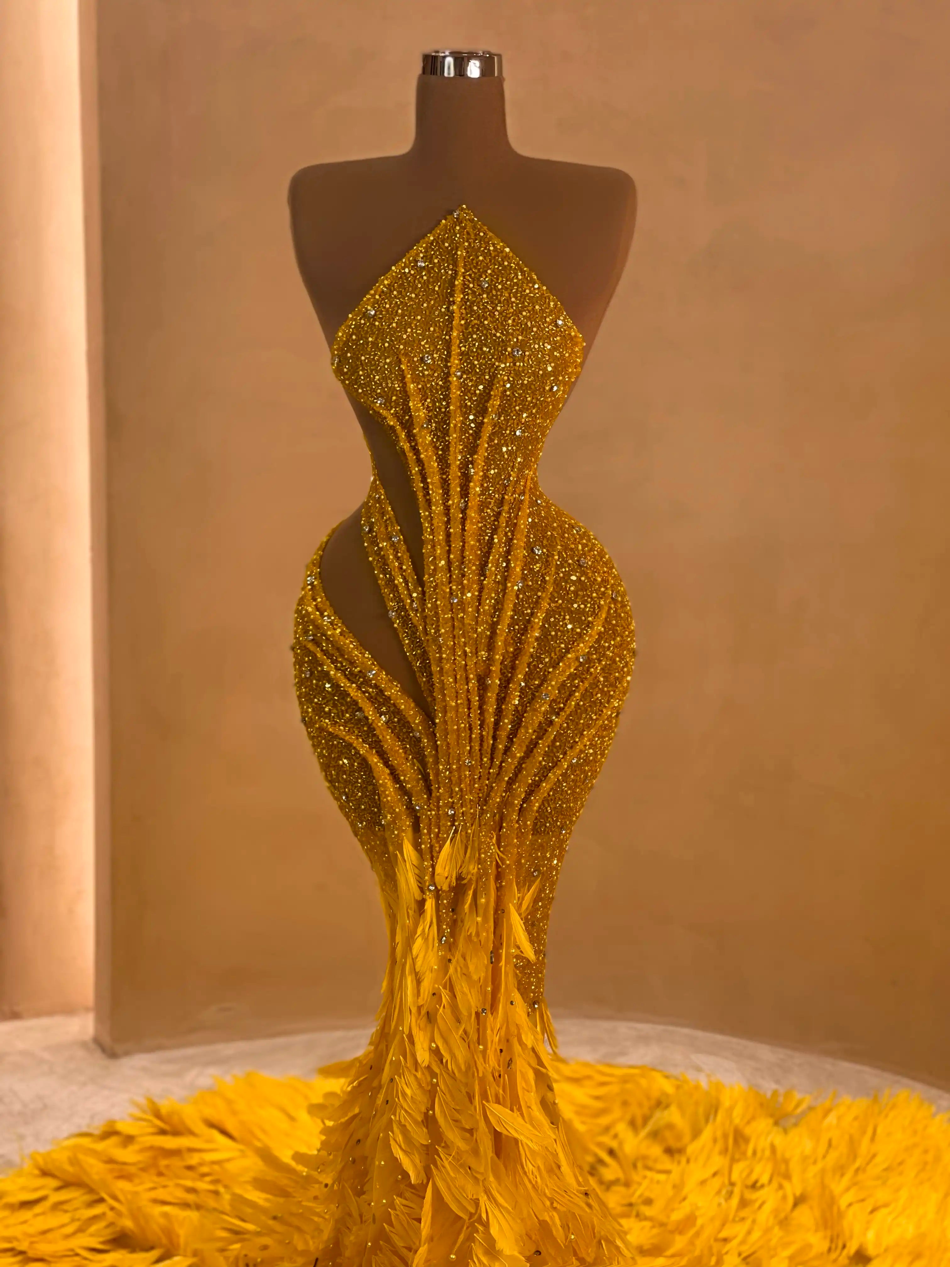 Yellow Beaded Gown with Feather Hem – VALDRIN SAHITI