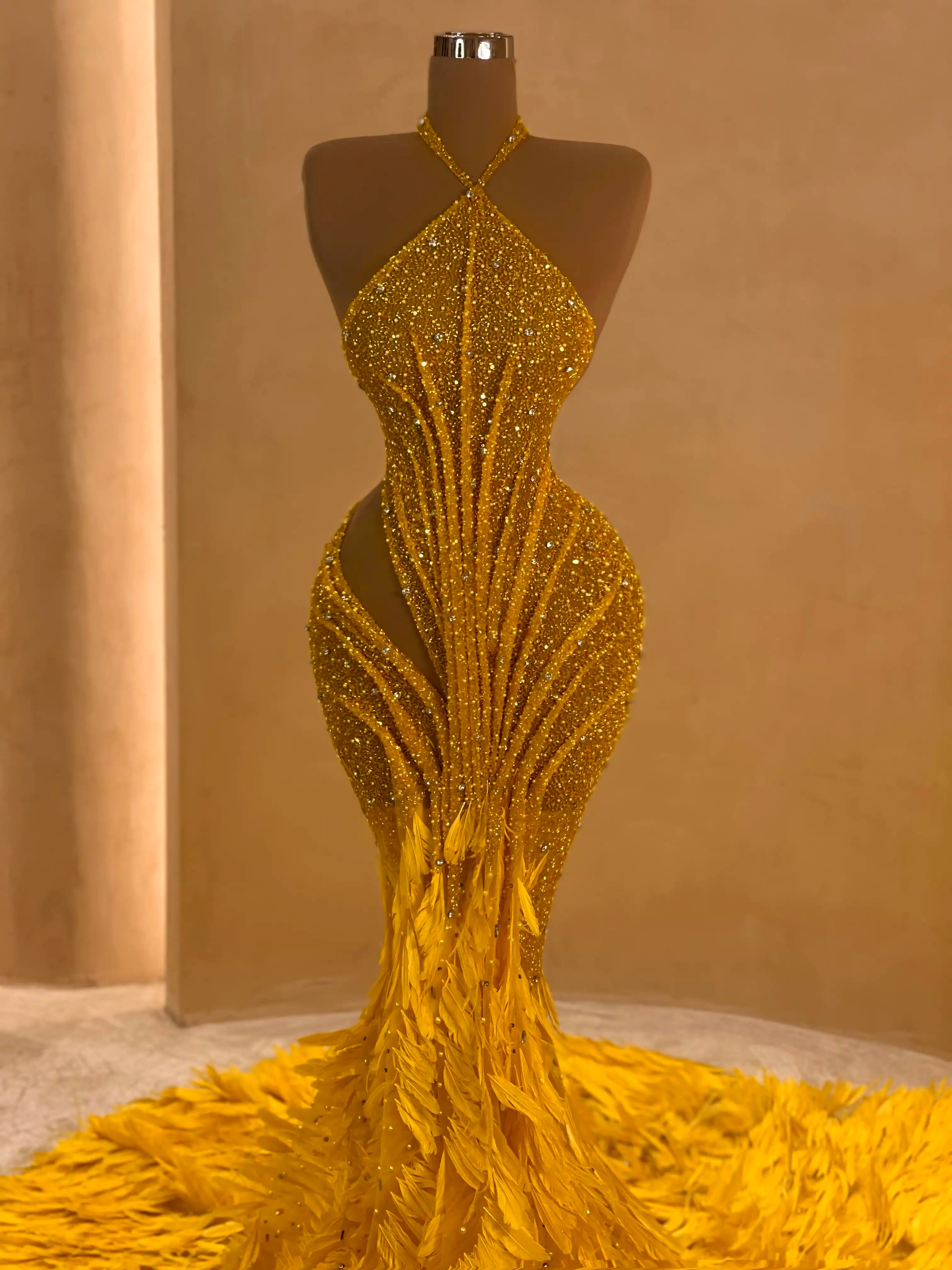 Yellow Beaded Gown with Feather Hem VALDRIN SAHITI Yellow Beaded Gown with Feather Hem VALDRIN SAHITI