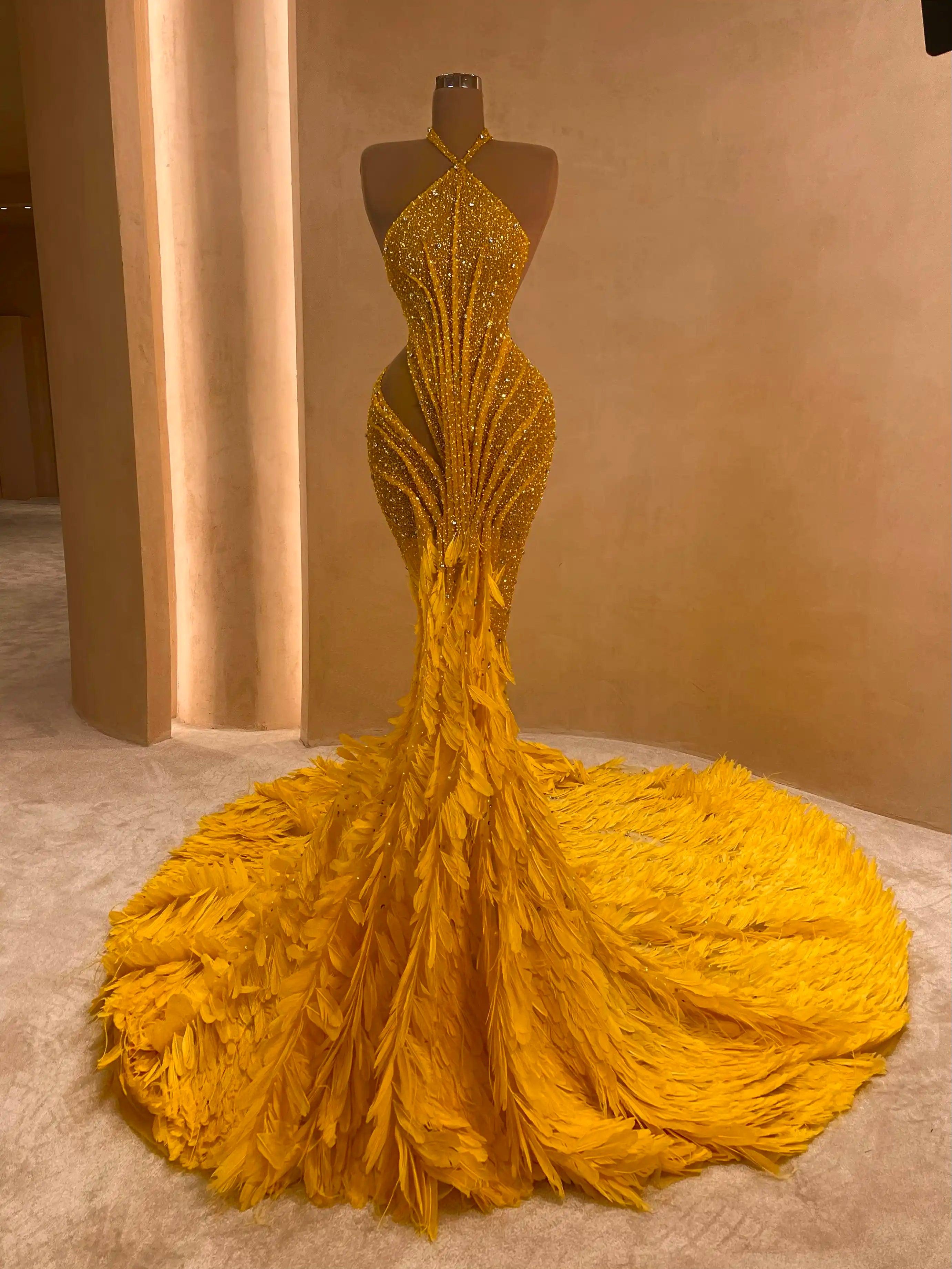 Yellow Beaded Gown with Feather Hem – VALDRIN SAHITI