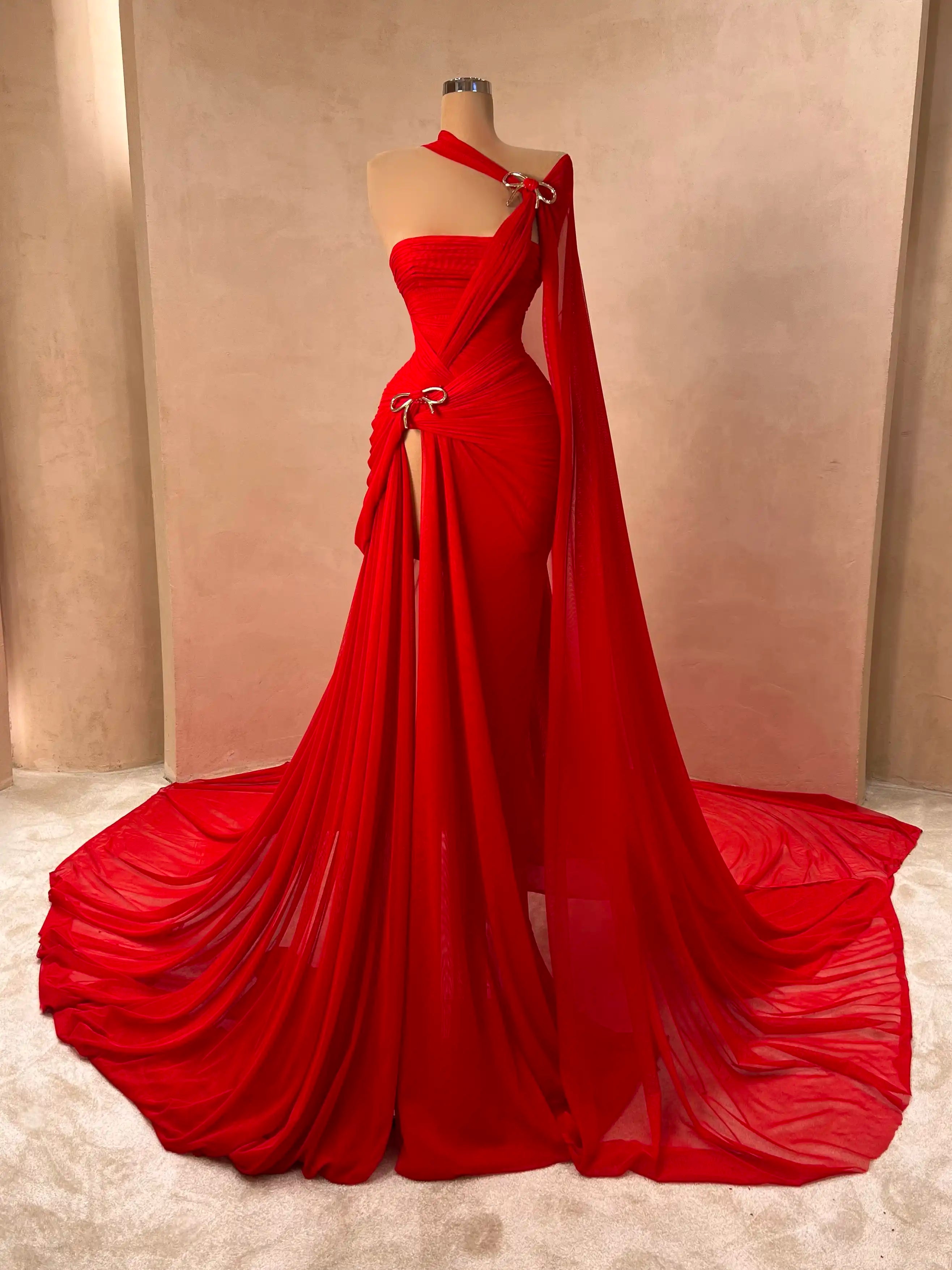 Red Cape Evening Gown Dramatic Formalwear for Gala Events VALDRIN SAHITI Red Cape Evening Gown Dramatic Formalwear for Gala Events VALDRIN SAHITI