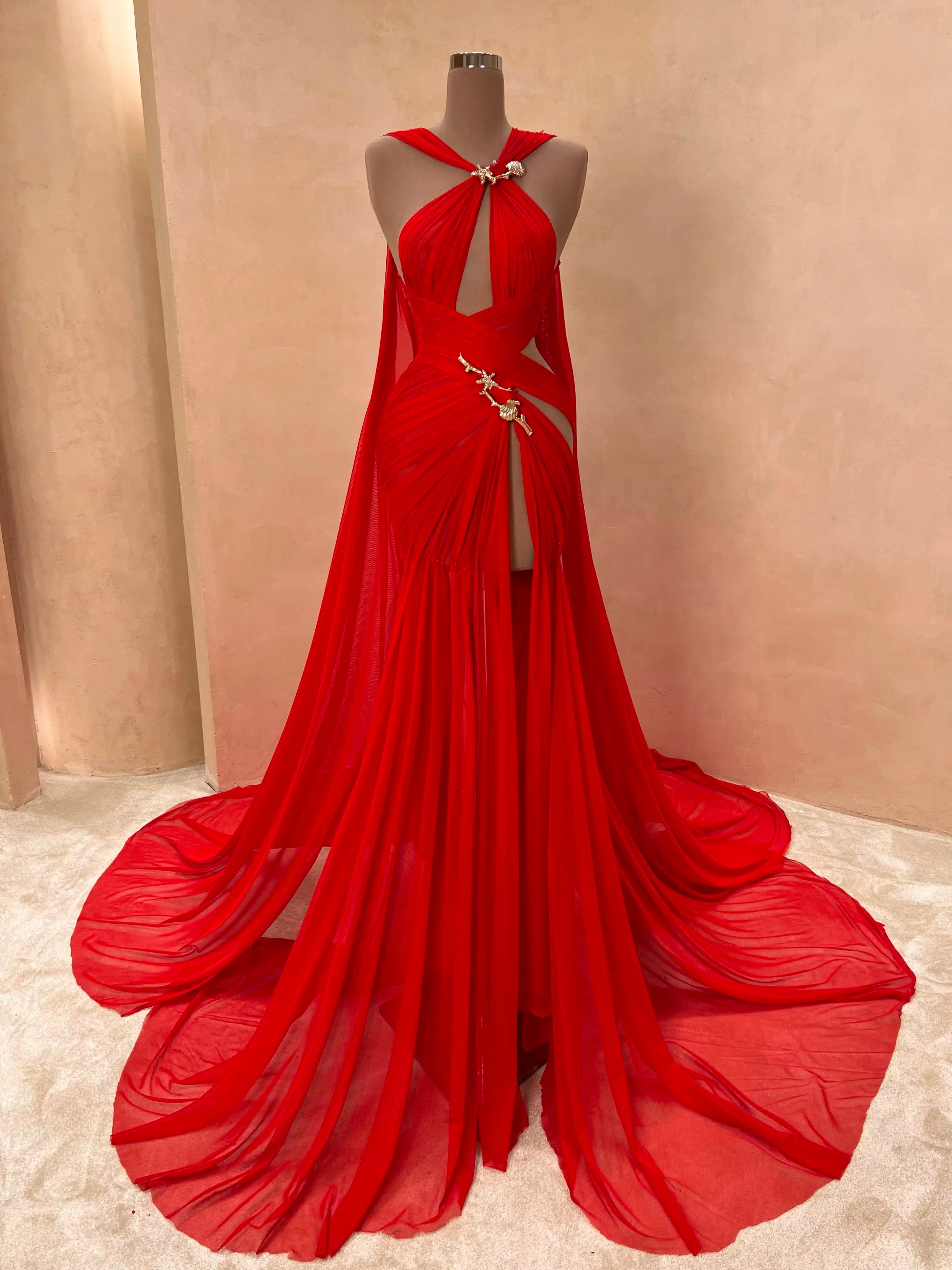 Red Cape Evening Gown Dramatic Formalwear for Gala Events VALDRIN SAHITI Red Cape Evening Gown Dramatic Formalwear for Gala Events VALDRIN SAHITI