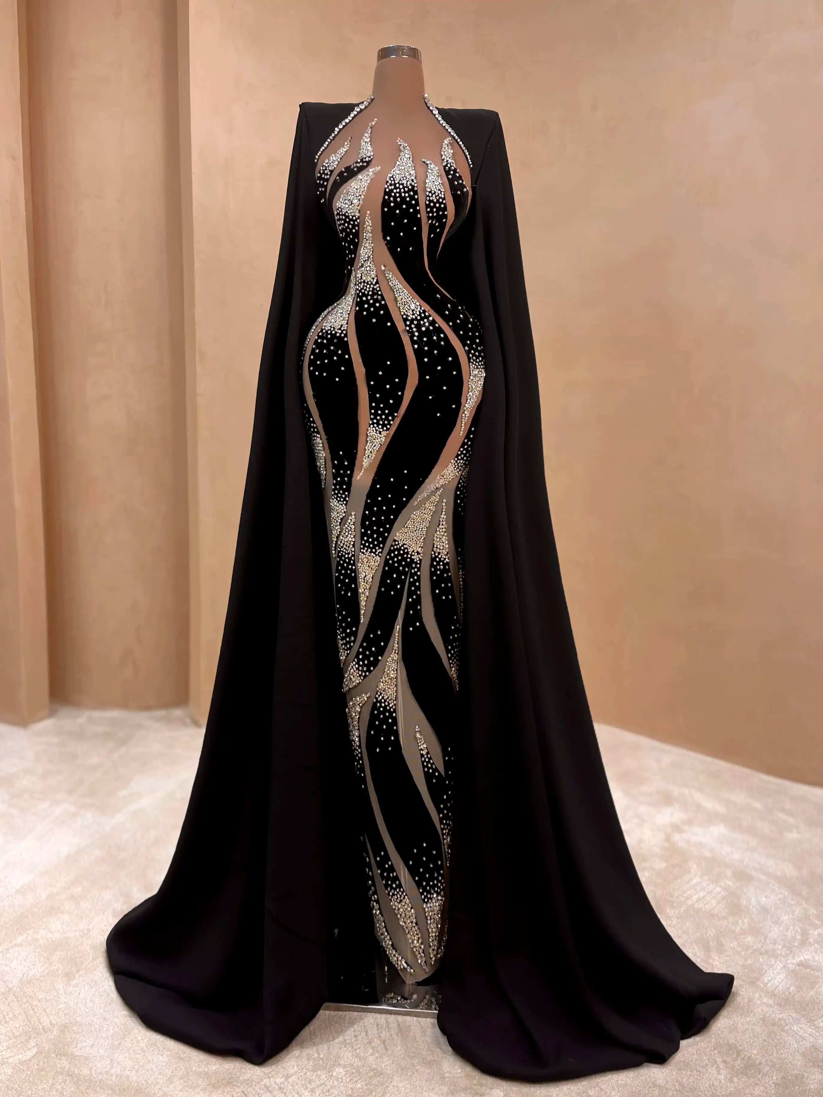 Black Sheer Cape Gown Luxury Couture Formal Dress VALDRIN SAHITI Black Sheer Cape Gown Luxury Couture Formal Dress VALDRIN SAHITI