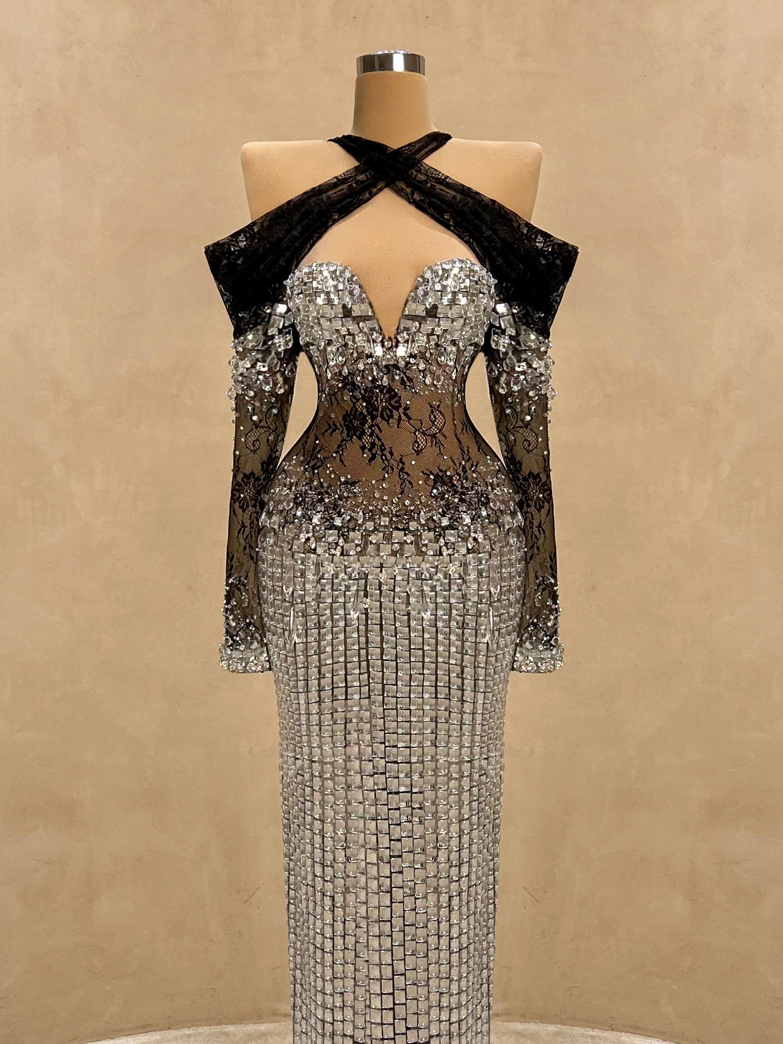 Strapless Crystal Gown with Sheer Lace Corset