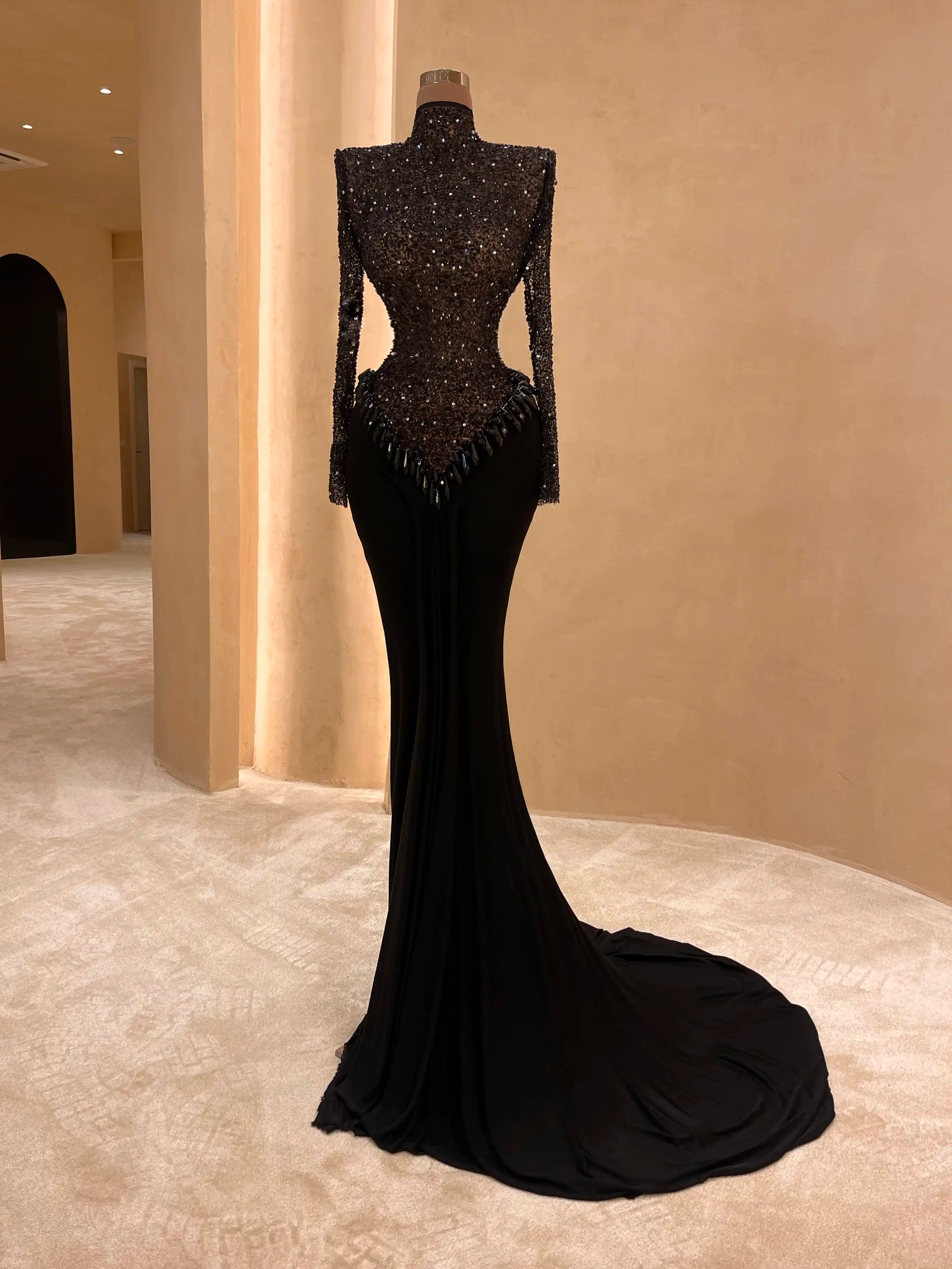 Black Cut-Out Embellished Gown Evening Dress 047 VALDRIN SAHITI Black Cut-Out Embellished Gown Evening Dress 047 VALDRIN SAHITI
