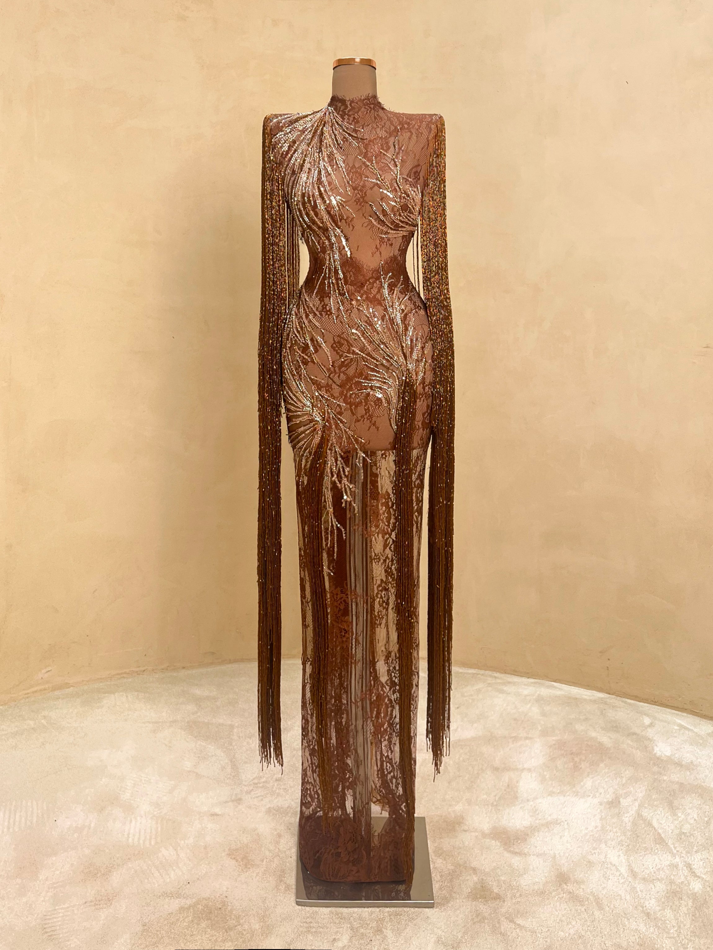 Bronze Lace Long-Sleeve Gown with Beaded Fringe – VALDRIN SAHITI