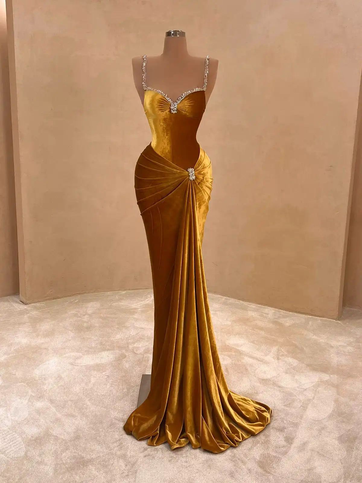 Gold Velvet One-Shoulder Gown – Evening Dress 048 – VALDRIN SAHITI