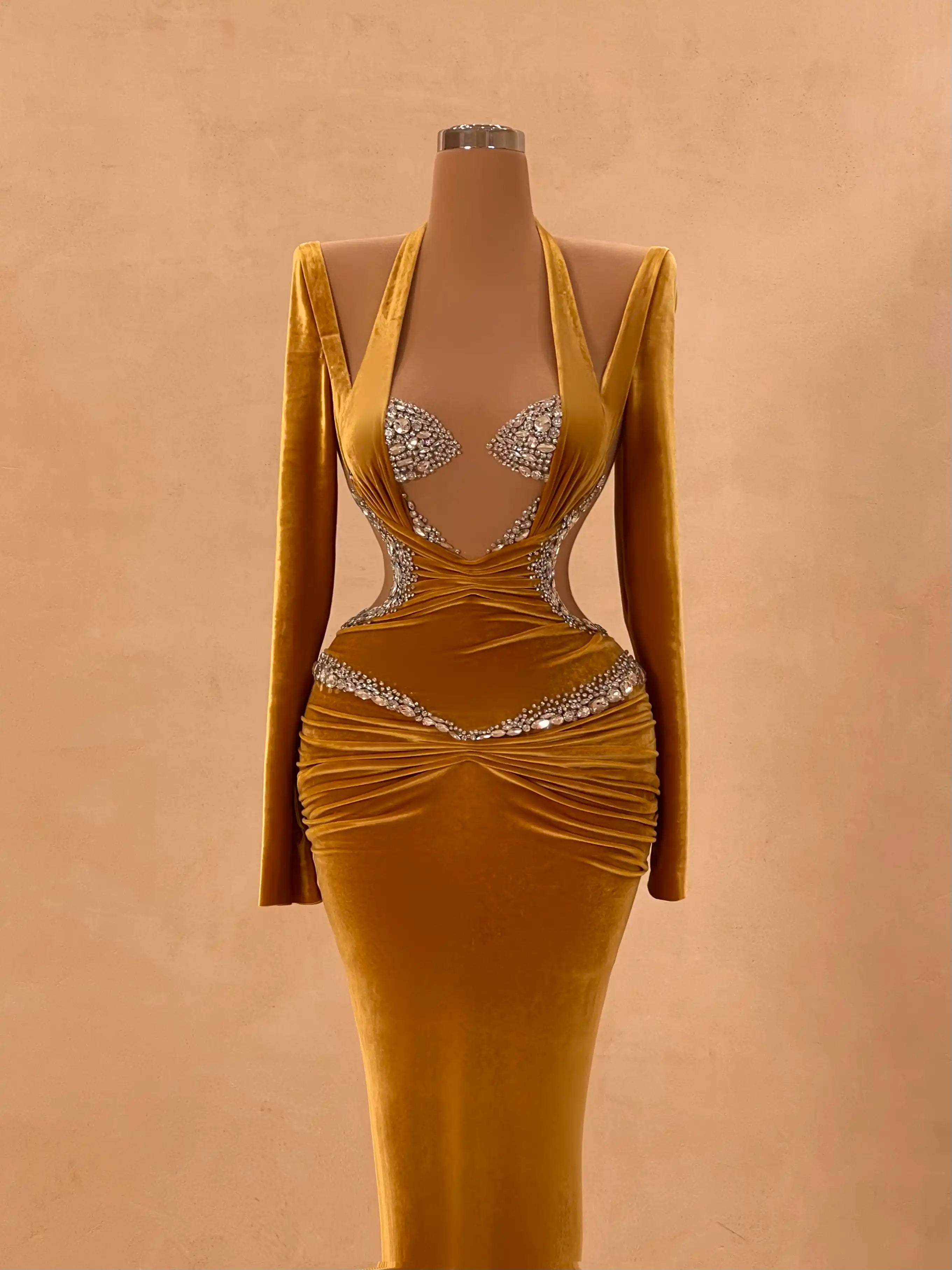 Gold Velvet One-Shoulder Gown Evening Dress 048 VALDRIN SAHITI Gold Velvet One-Shoulder Gown Evening Dress 048 VALDRIN SAHITI