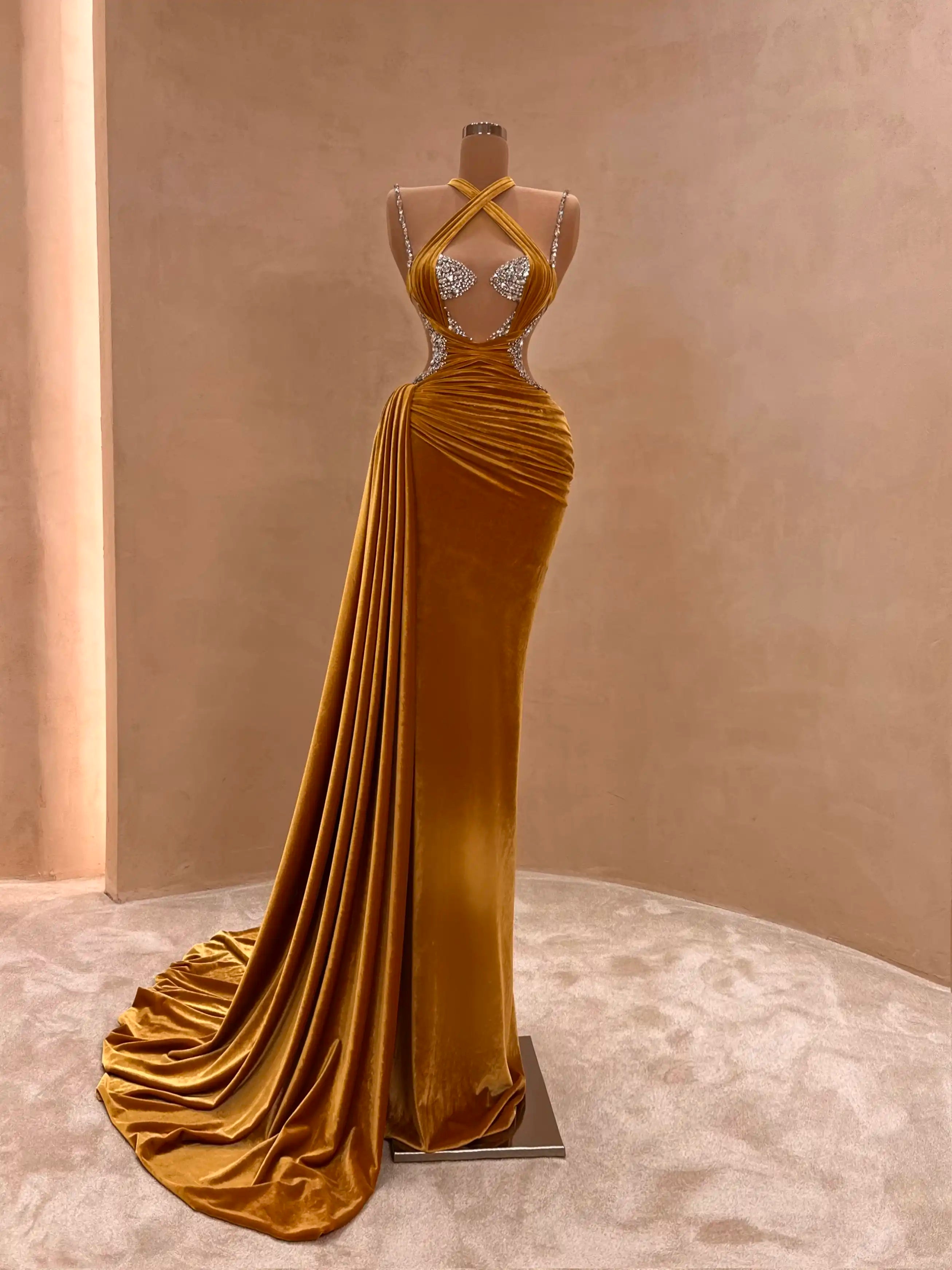 Gold Velvet One-Shoulder Gown Evening Dress 048 VALDRIN SAHITI Gold Velvet One-Shoulder Gown Evening Dress 048 VALDRIN SAHITI