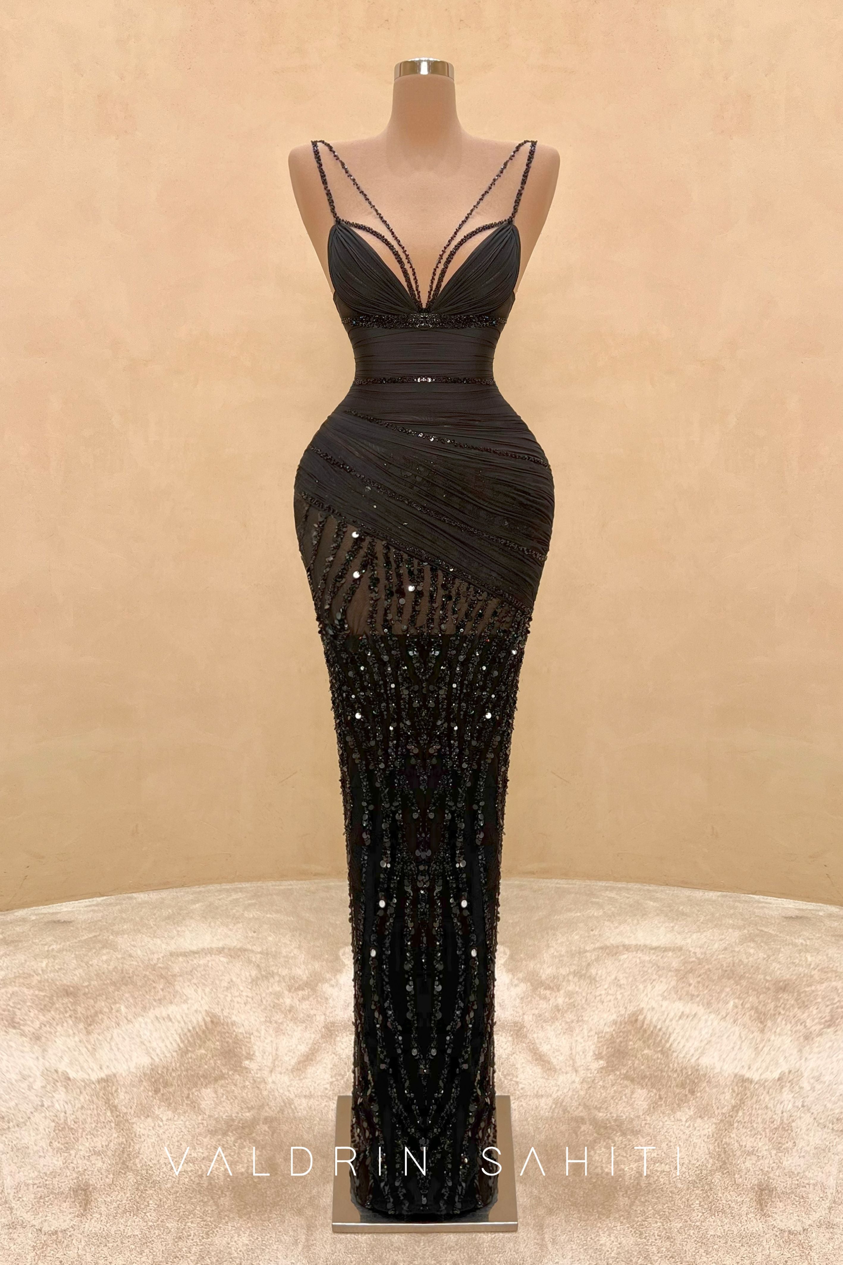 Black Crystal Beaded Evening Gown with Draped Hip | Valdrin Sahiti VALDRIN SAHITI Black Crystal Beaded Evening Gown with Draped Hip | Valdrin Sahiti VALDRIN SAHITI