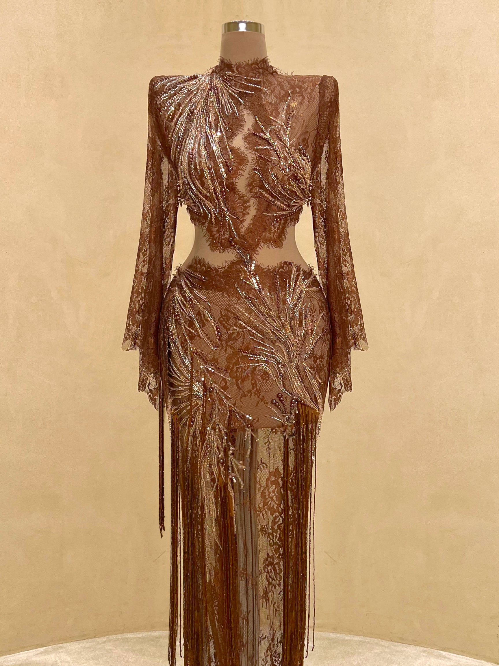 beaded fringe dress with sleeves Elegant Black Beaded Fringe Midi Dress - Long Sleeve Evening Party Gown