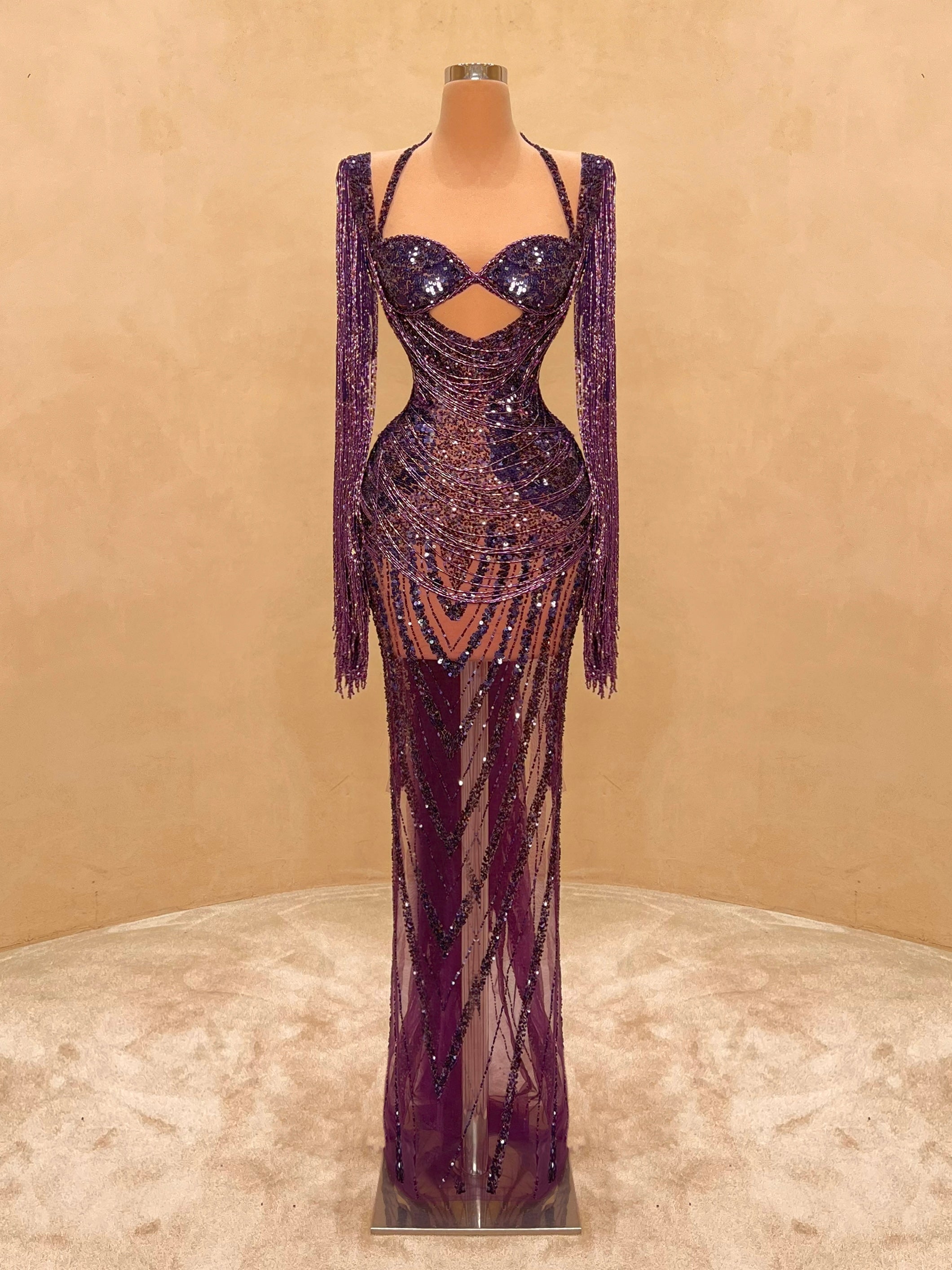 Purple Sequin Beaded Fringe Gown Couture Evening Dress VALDRIN SAHITI Purple Sequin Beaded Fringe Gown Couture Evening Dress VALDRIN SAHITI