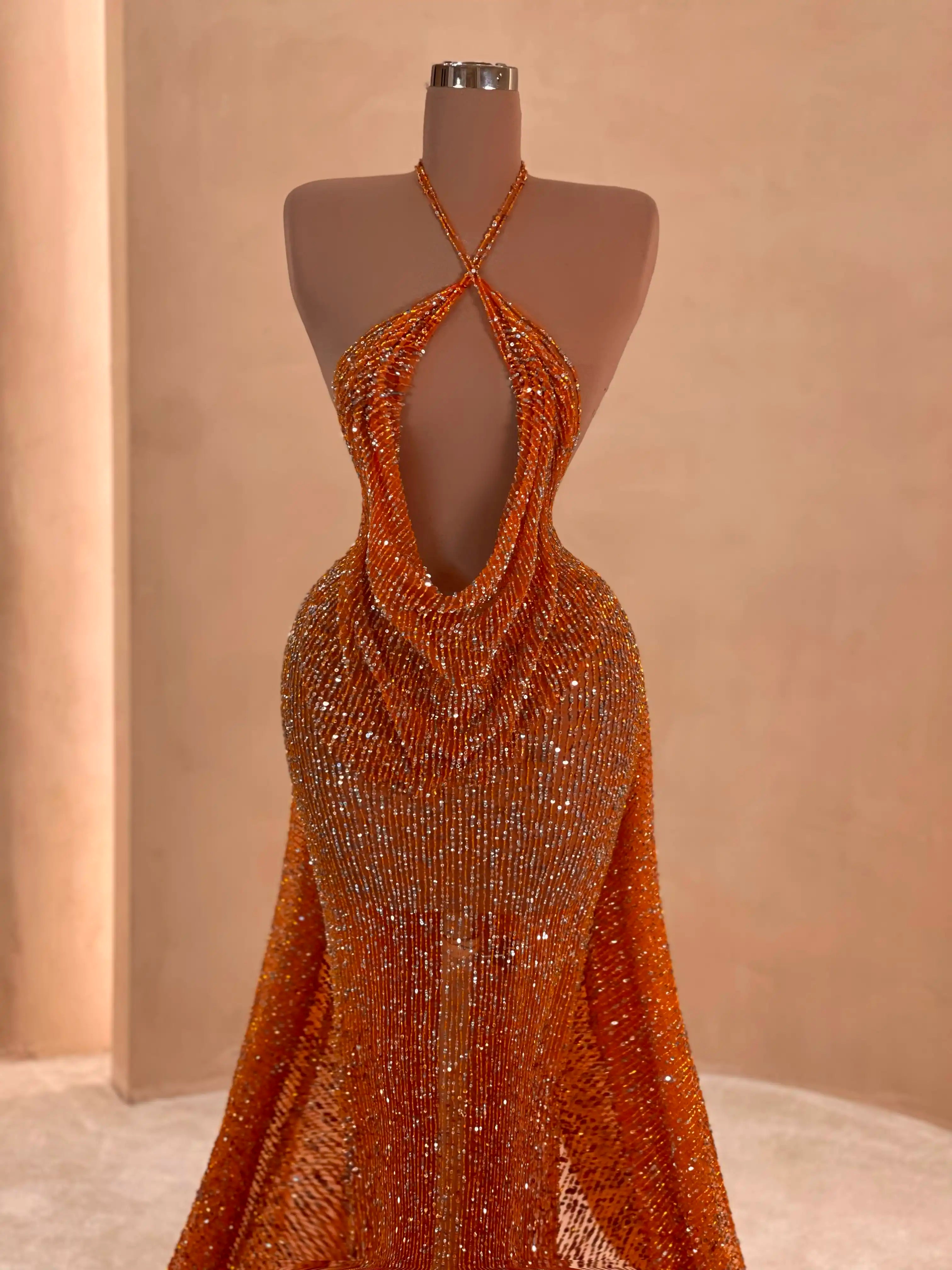 Orange Sequin Halter Evening Dress – VALDRIN SAHITI