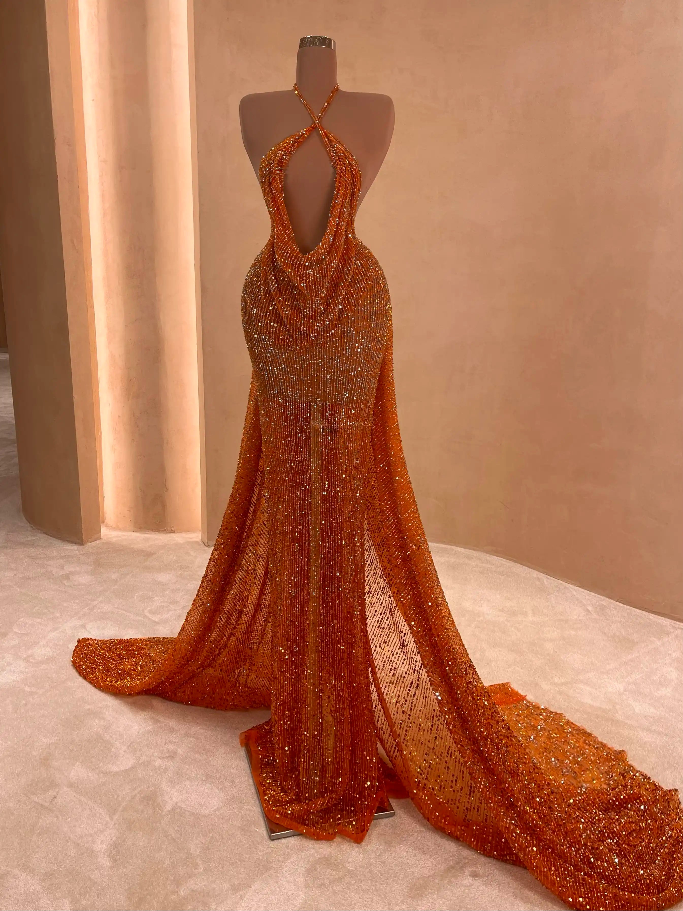 Orange Sequin Halter Evening Dress VALDRIN SAHITI Orange Sequin Halter Evening Dress VALDRIN SAHITI