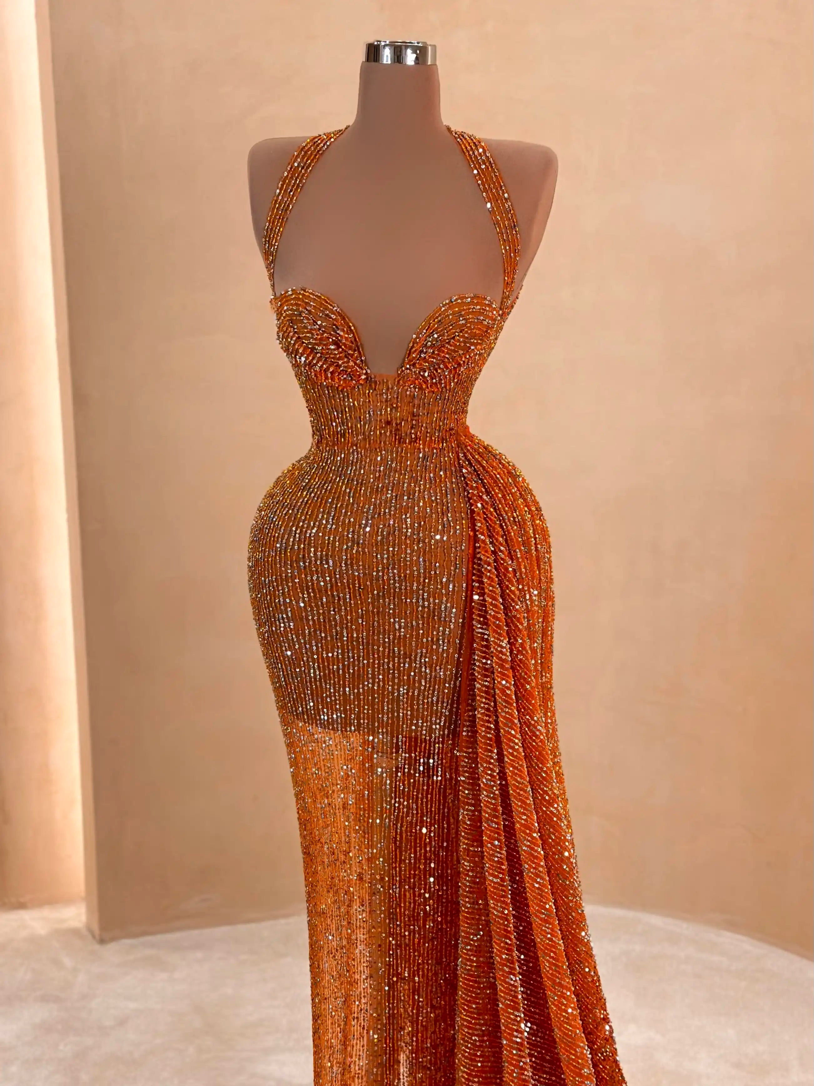 Orange Sequin Halter Evening Dress VALDRIN SAHITI Orange Sequin Halter Evening Dress VALDRIN SAHITI