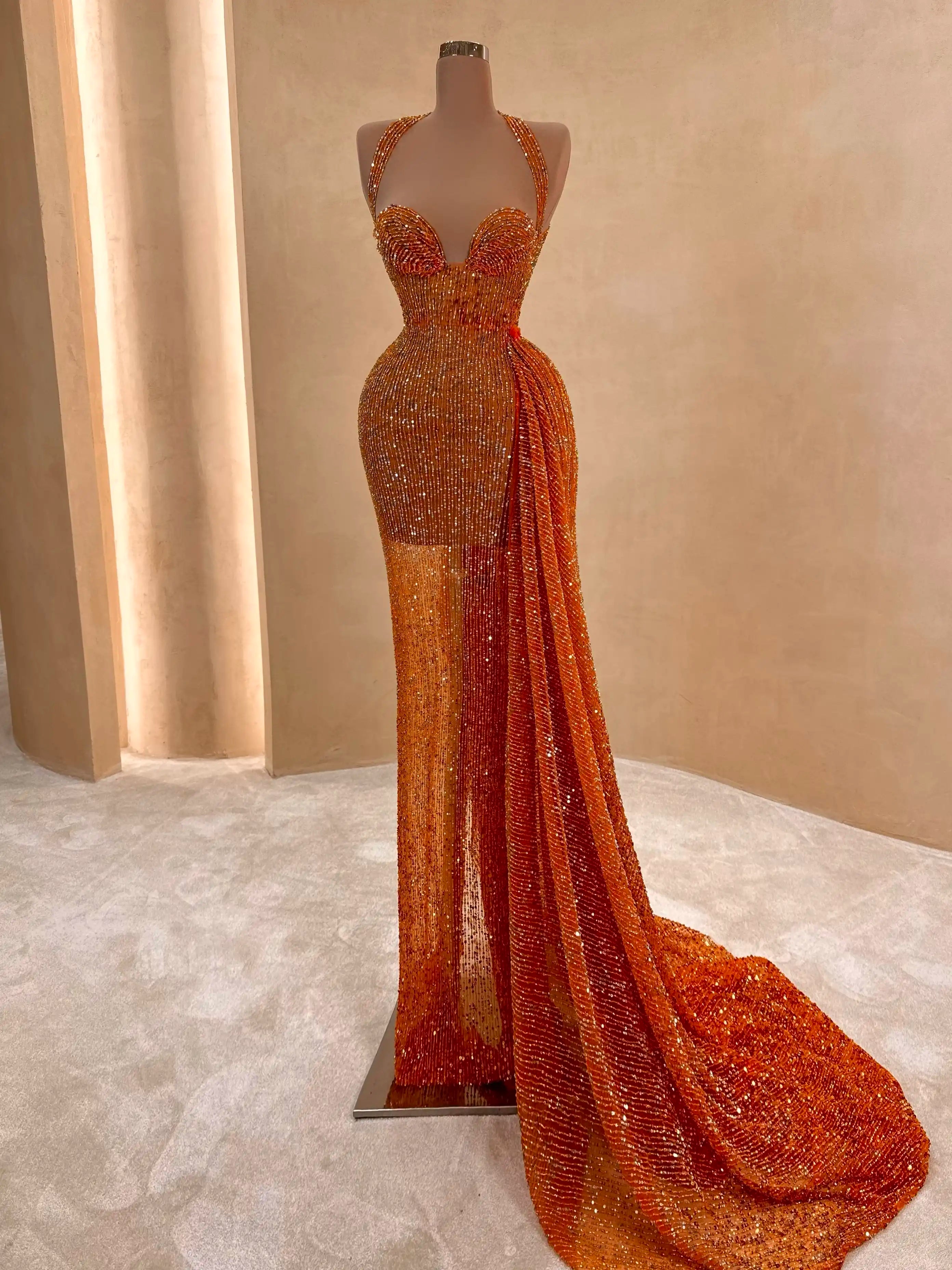 Orange Sequin Halter Evening Dress VALDRIN SAHITI Orange Sequin Halter Evening Dress VALDRIN SAHITI