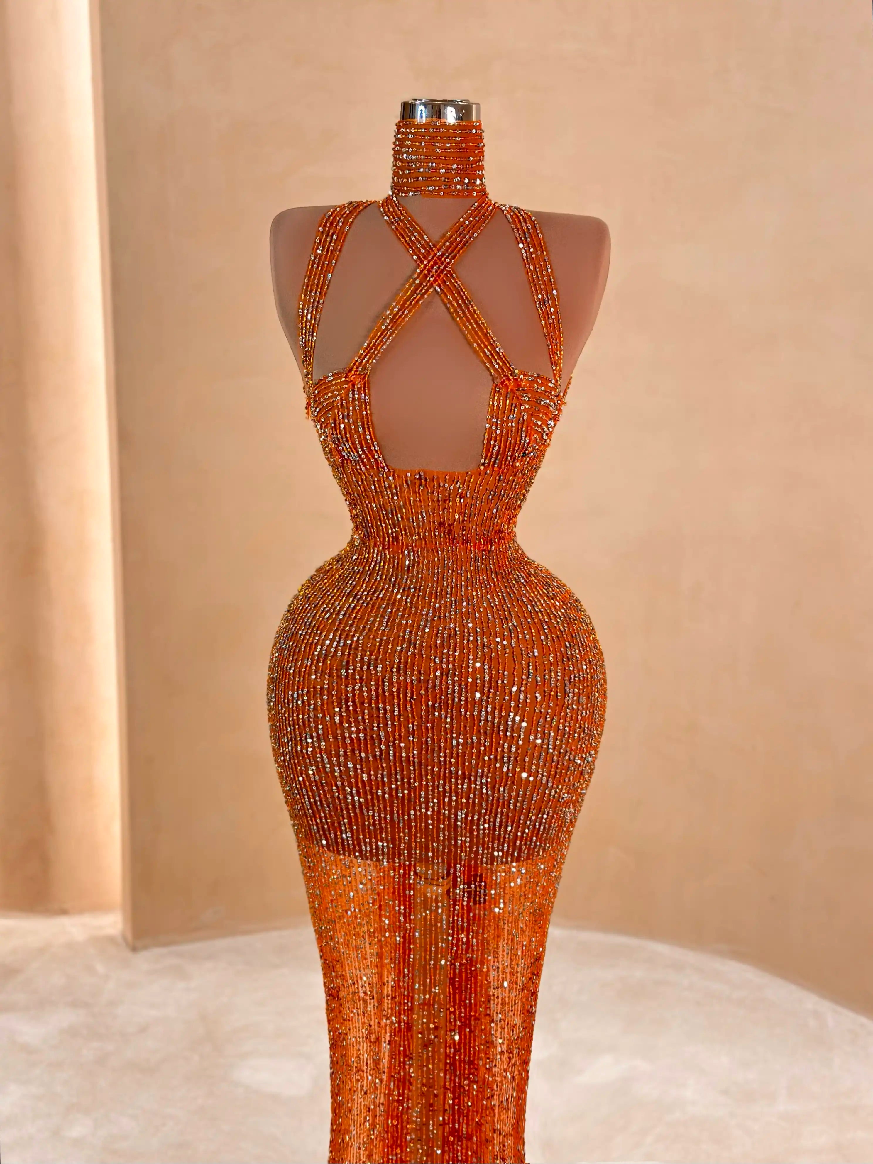 Orange Sequin Halter Evening Dress – VALDRIN SAHITI