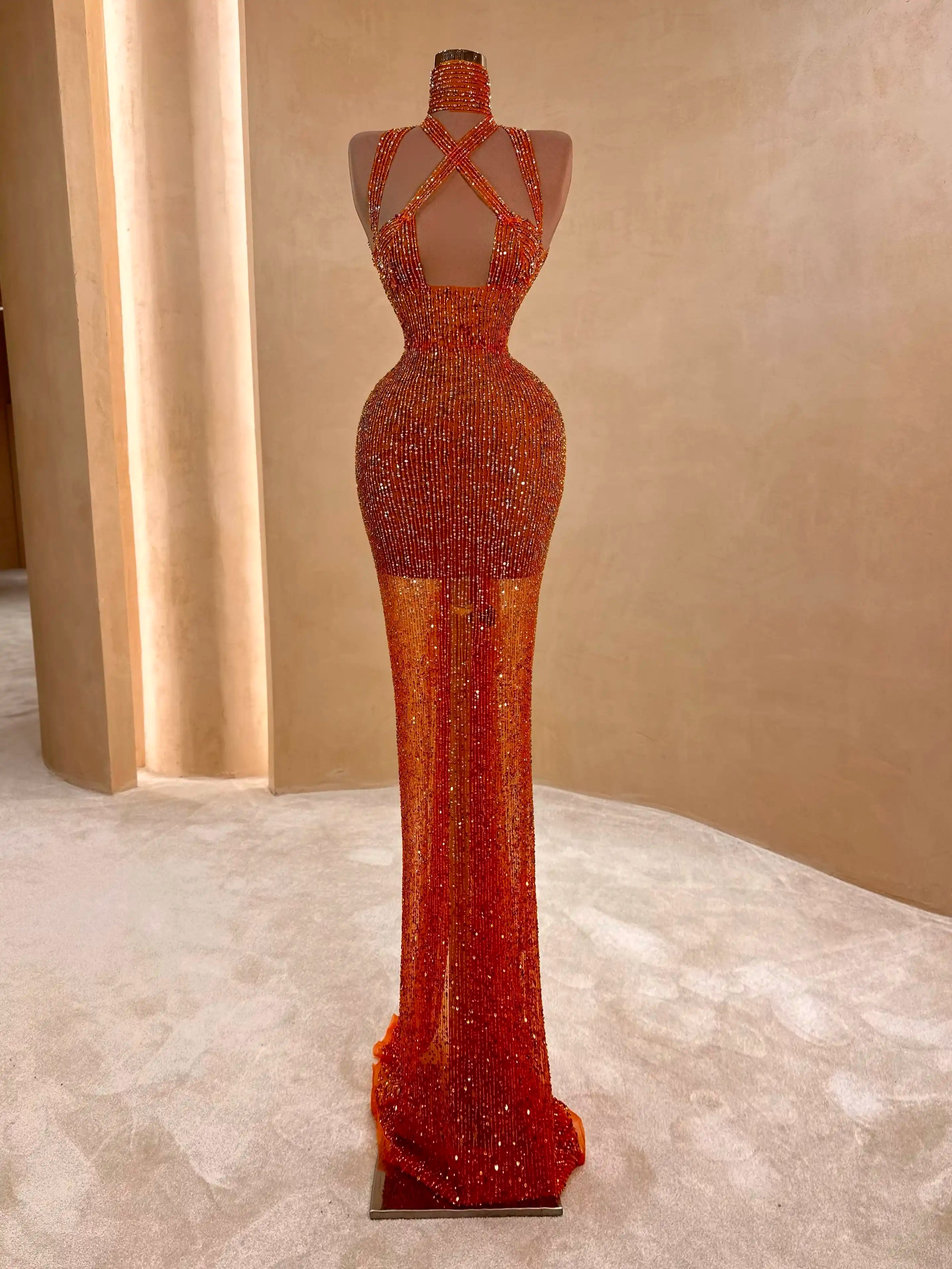 Orange Sequin Halter Evening Dress VALDRIN SAHITI Orange Sequin Halter Evening Dress VALDRIN SAHITI