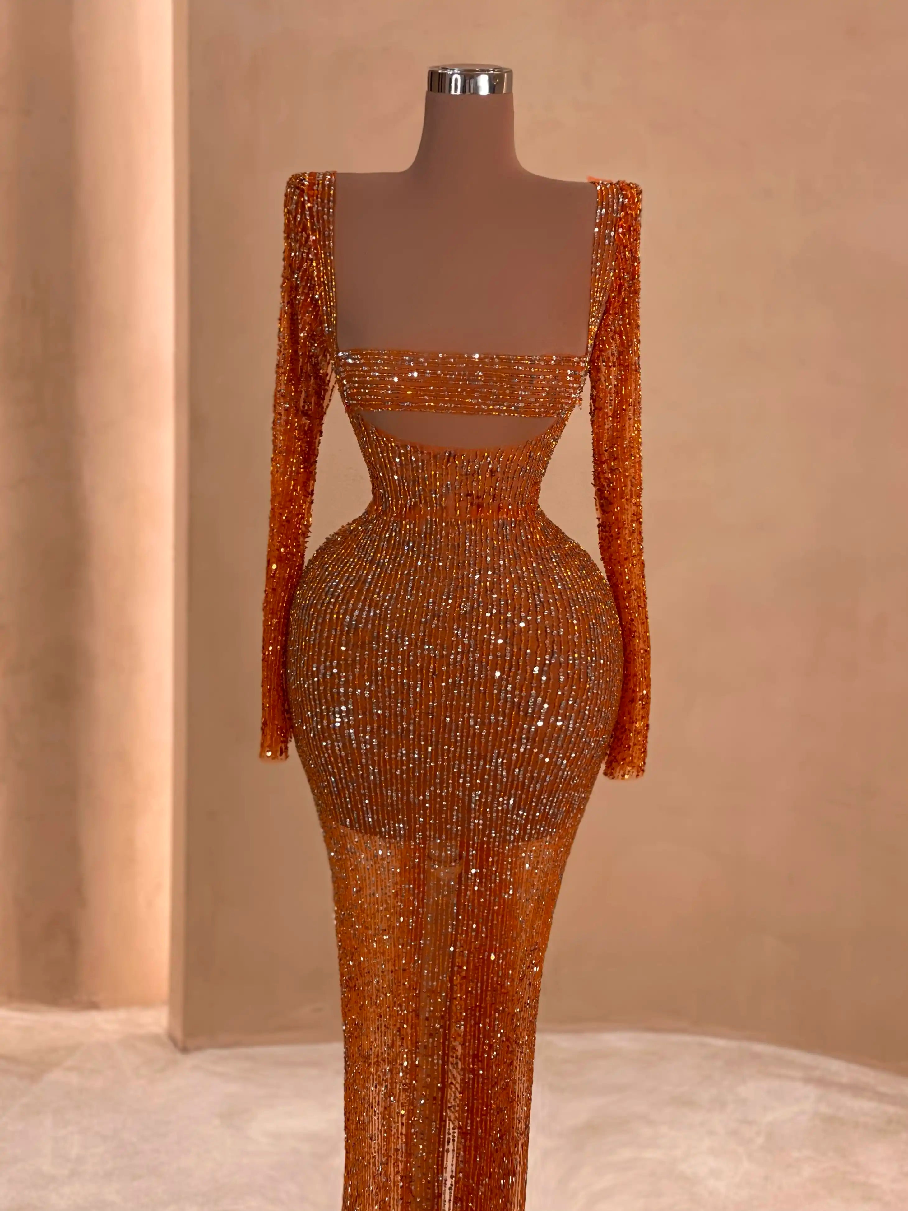 Orange Sequin Halter Evening Dress VALDRIN SAHITI Orange Sequin Halter Evening Dress VALDRIN SAHITI