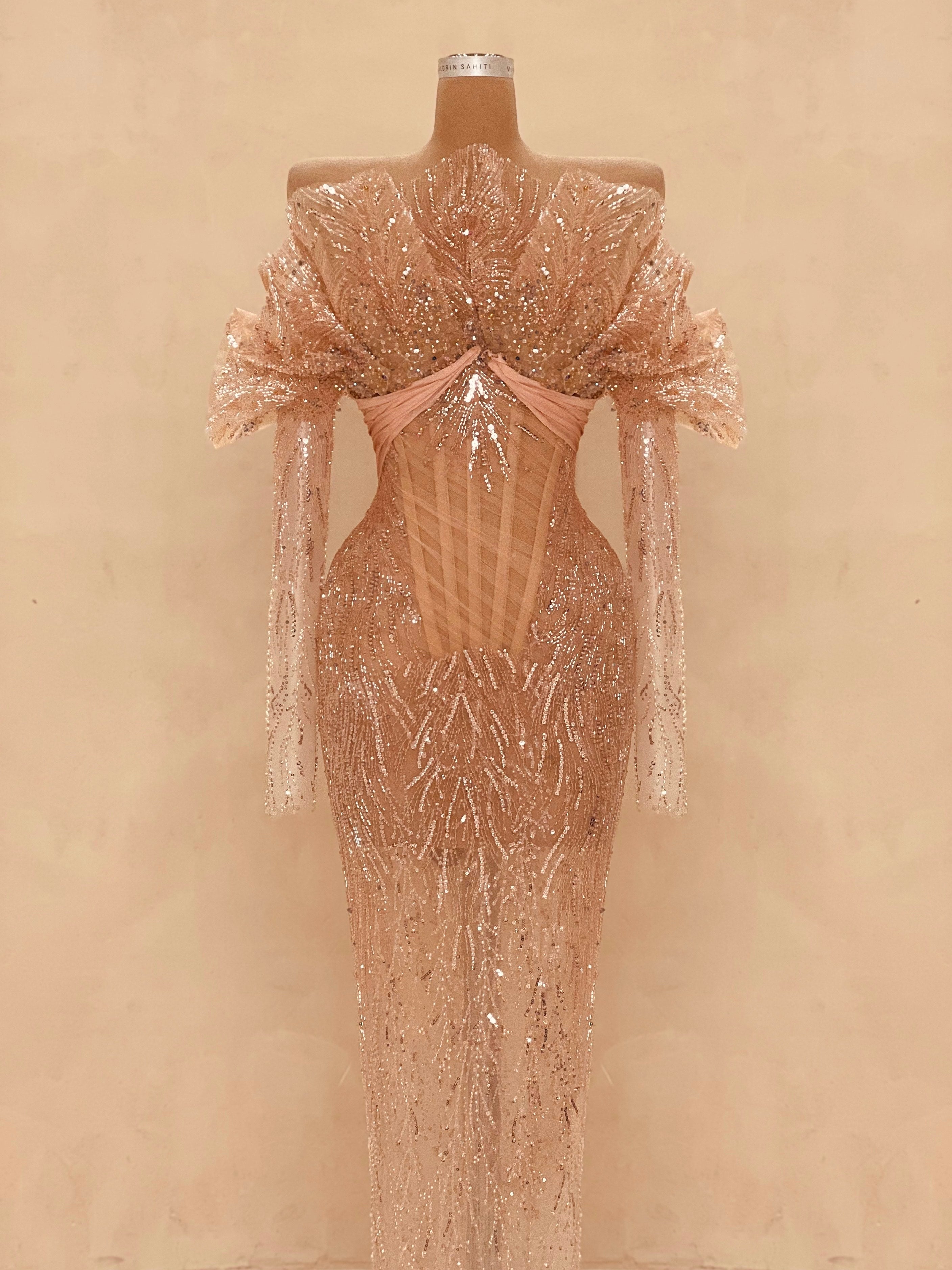 sequin corset dress Peach Sequin Corset Gown with Chiffon Cape – VALDRIN SAHITI