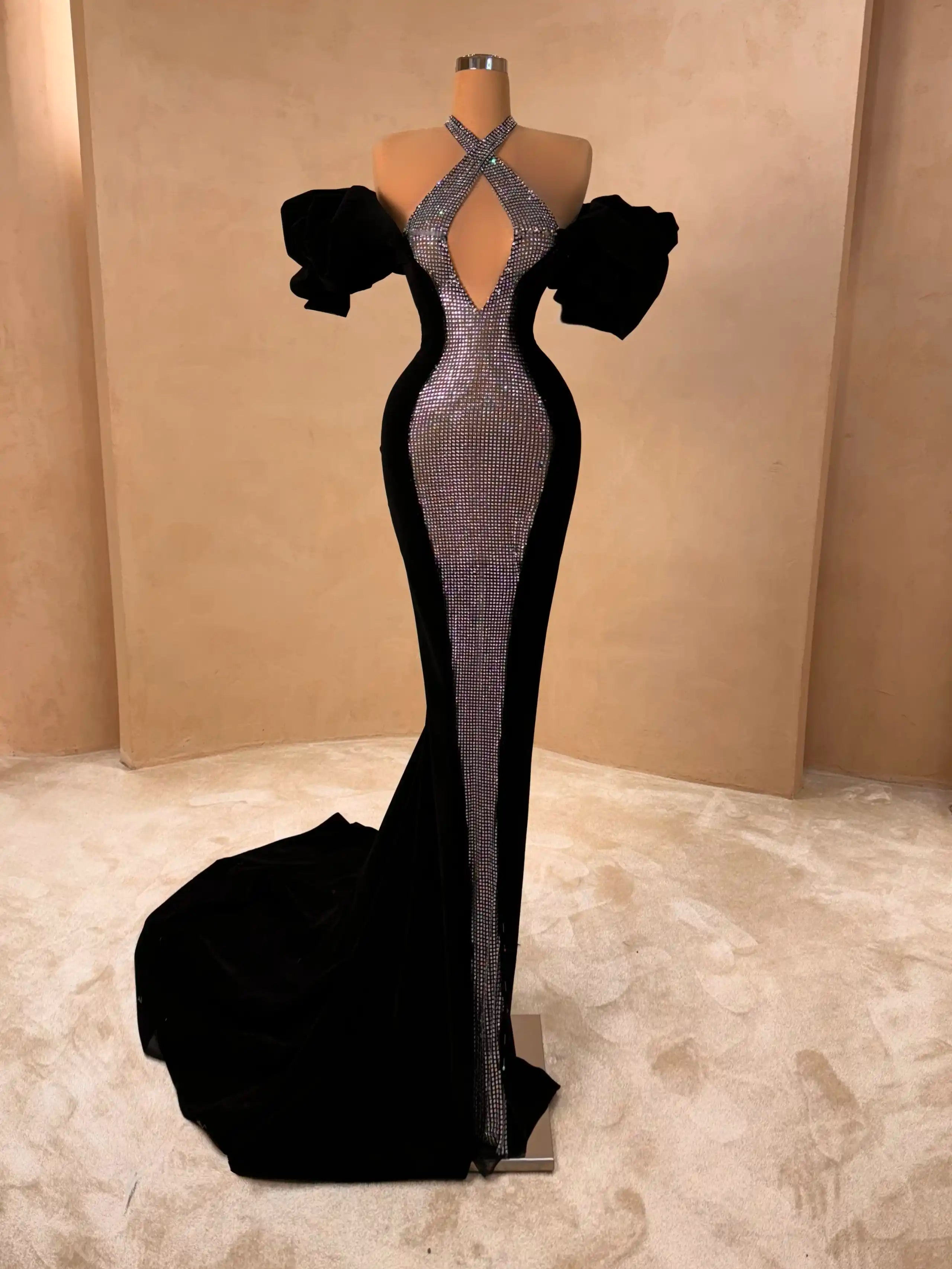Black Velvet Gown with Puff Sleeves Evening Dress 051 VALDRIN SAHITI Black Velvet Gown with Puff Sleeves Evening Dress 051 VALDRIN SAHITI