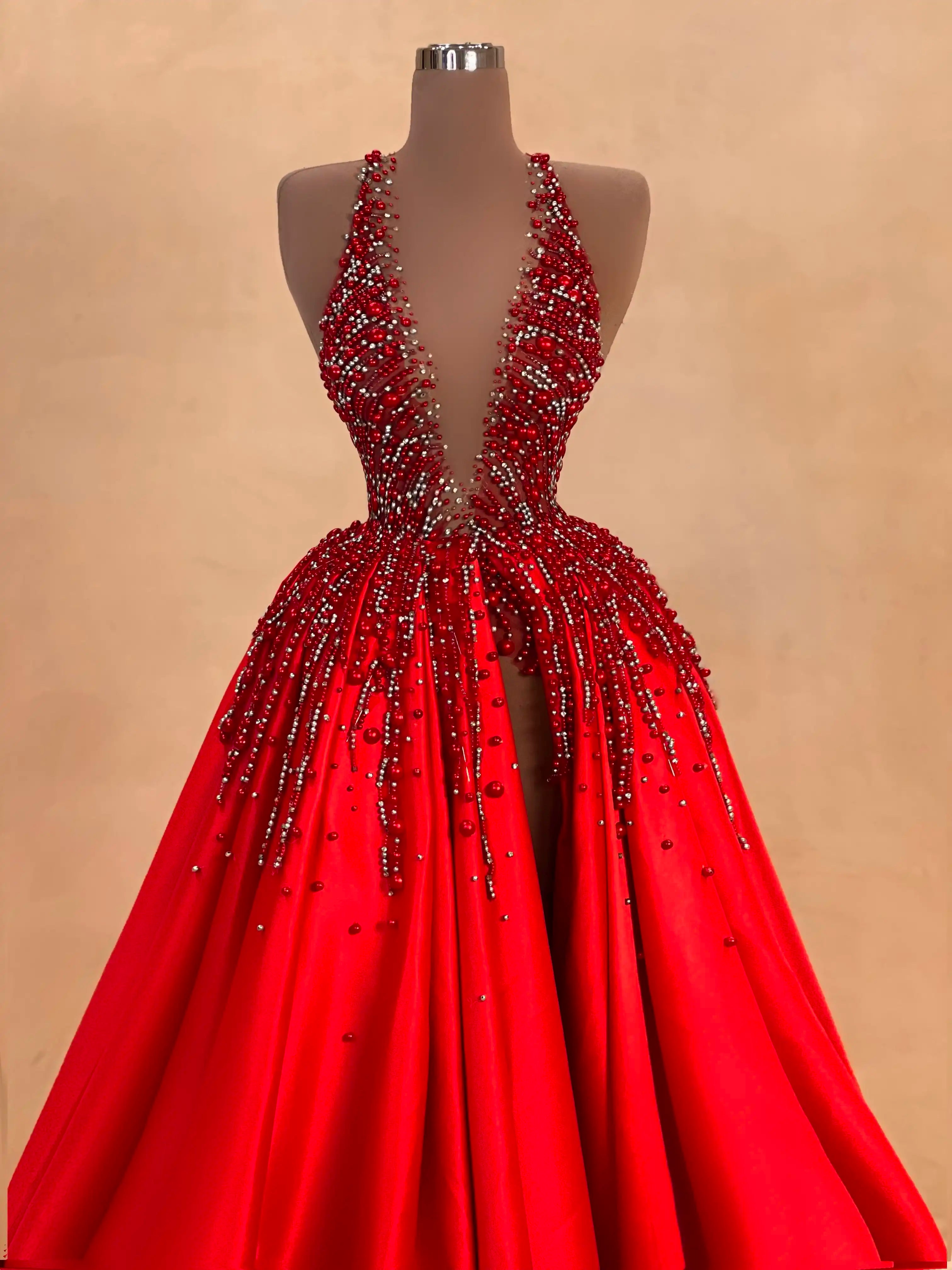Red Beaded Plunge Ball Gown – Evening Dress 054 – VALDRIN SAHITI