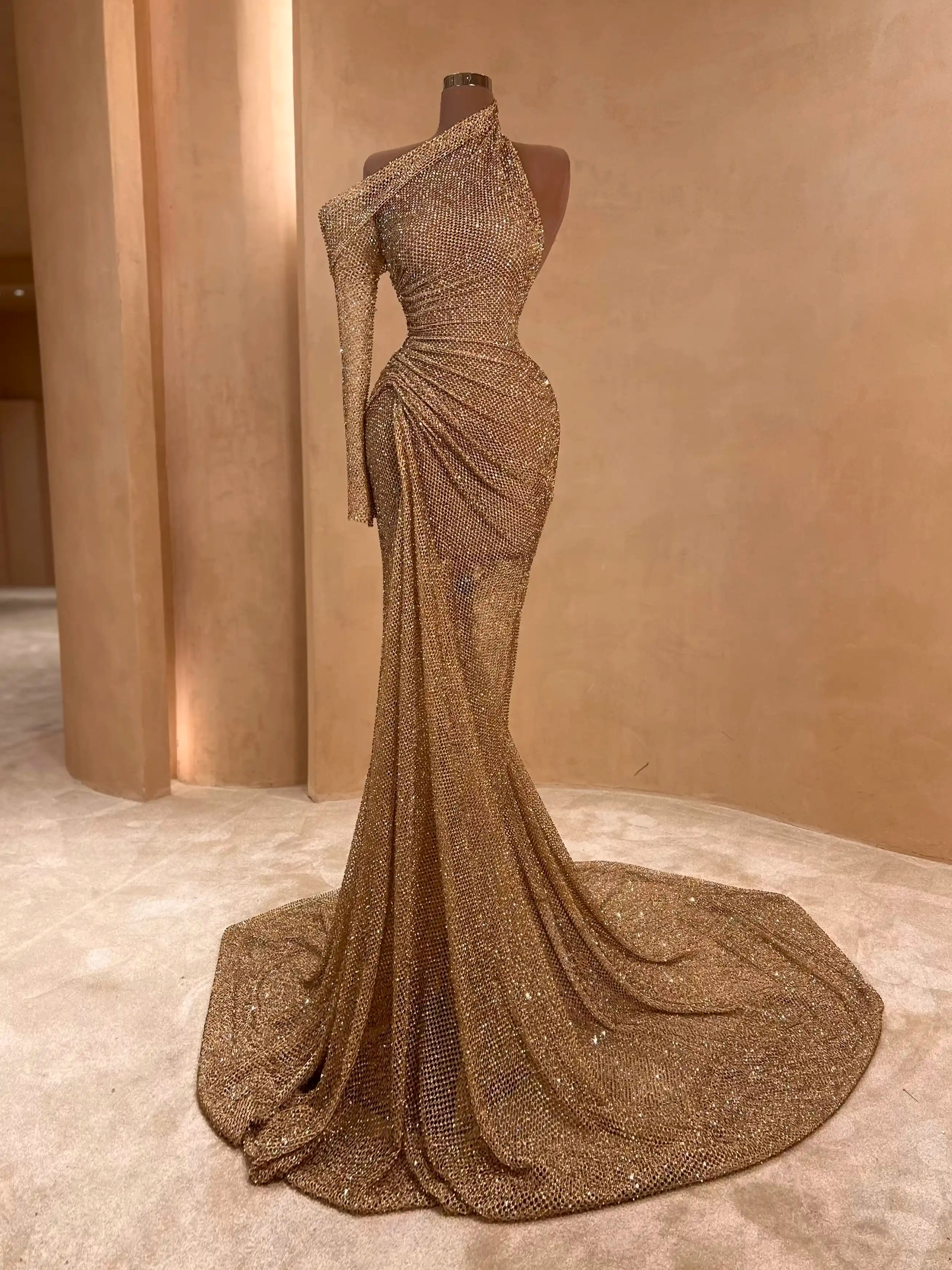 Bronze One-Shoulder Glitter Gown Evening Dress 057 VALDRIN SAHITI Bronze One-Shoulder Glitter Gown Evening Dress 057 VALDRIN SAHITI