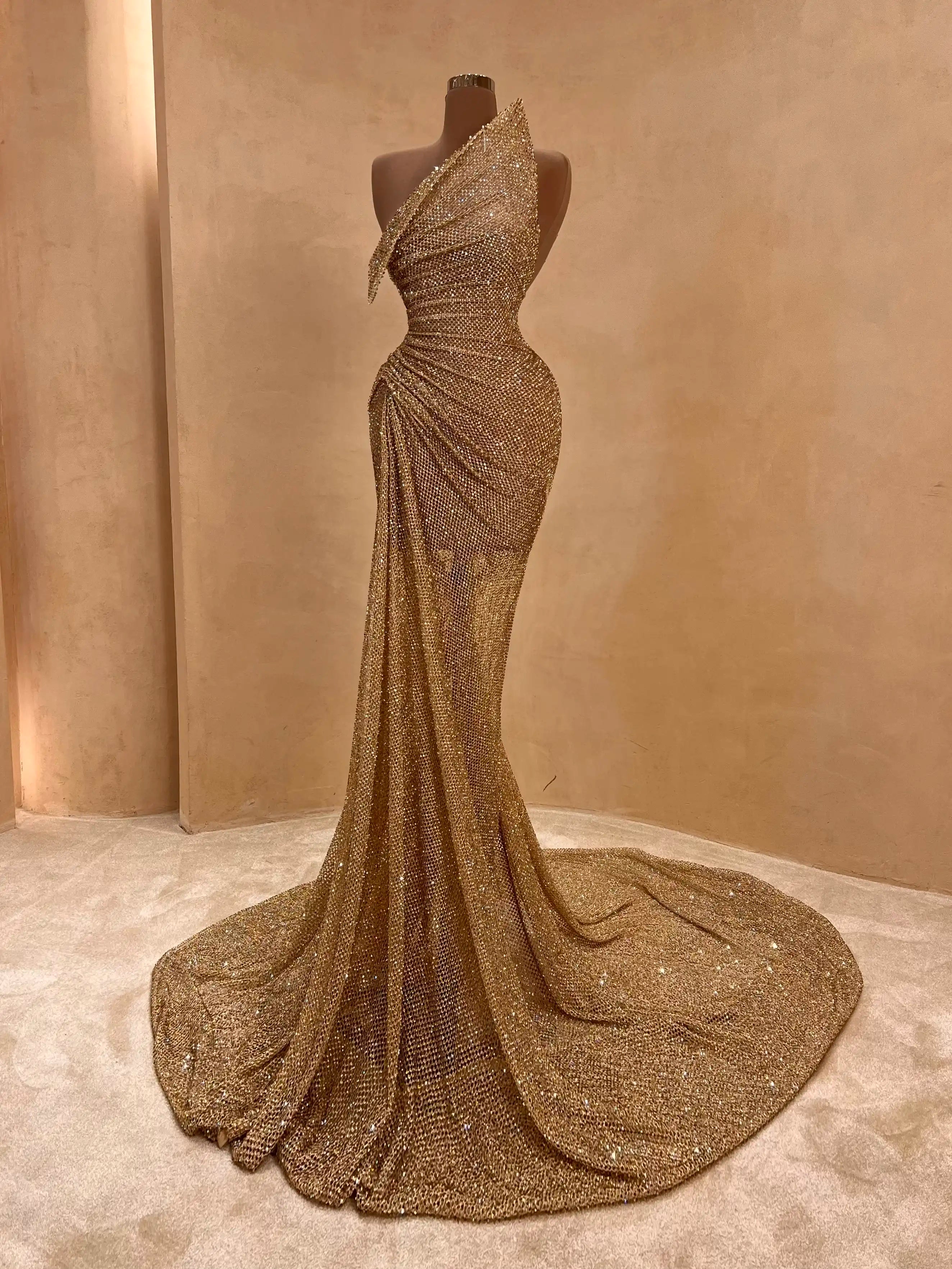 Bronze One-Shoulder Glitter Gown Evening Dress 057 VALDRIN SAHITI Bronze One-Shoulder Glitter Gown Evening Dress 057 VALDRIN SAHITI