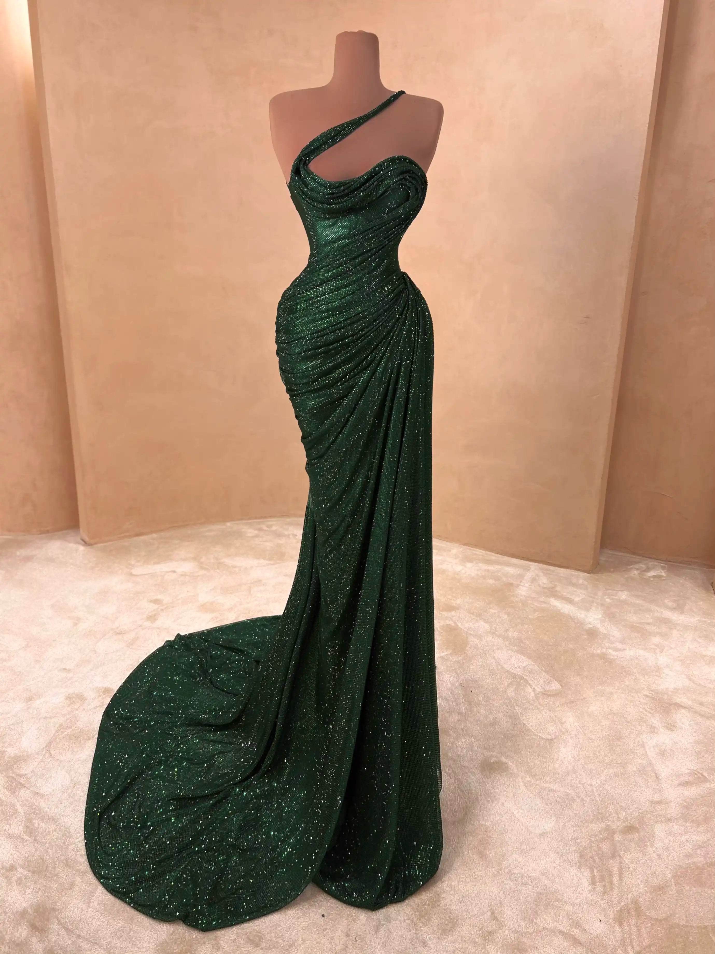 valdrin sahiti green dress One-Shoulder Draped Emerald Gown Evening Dress 058 VALDRIN SAHITI