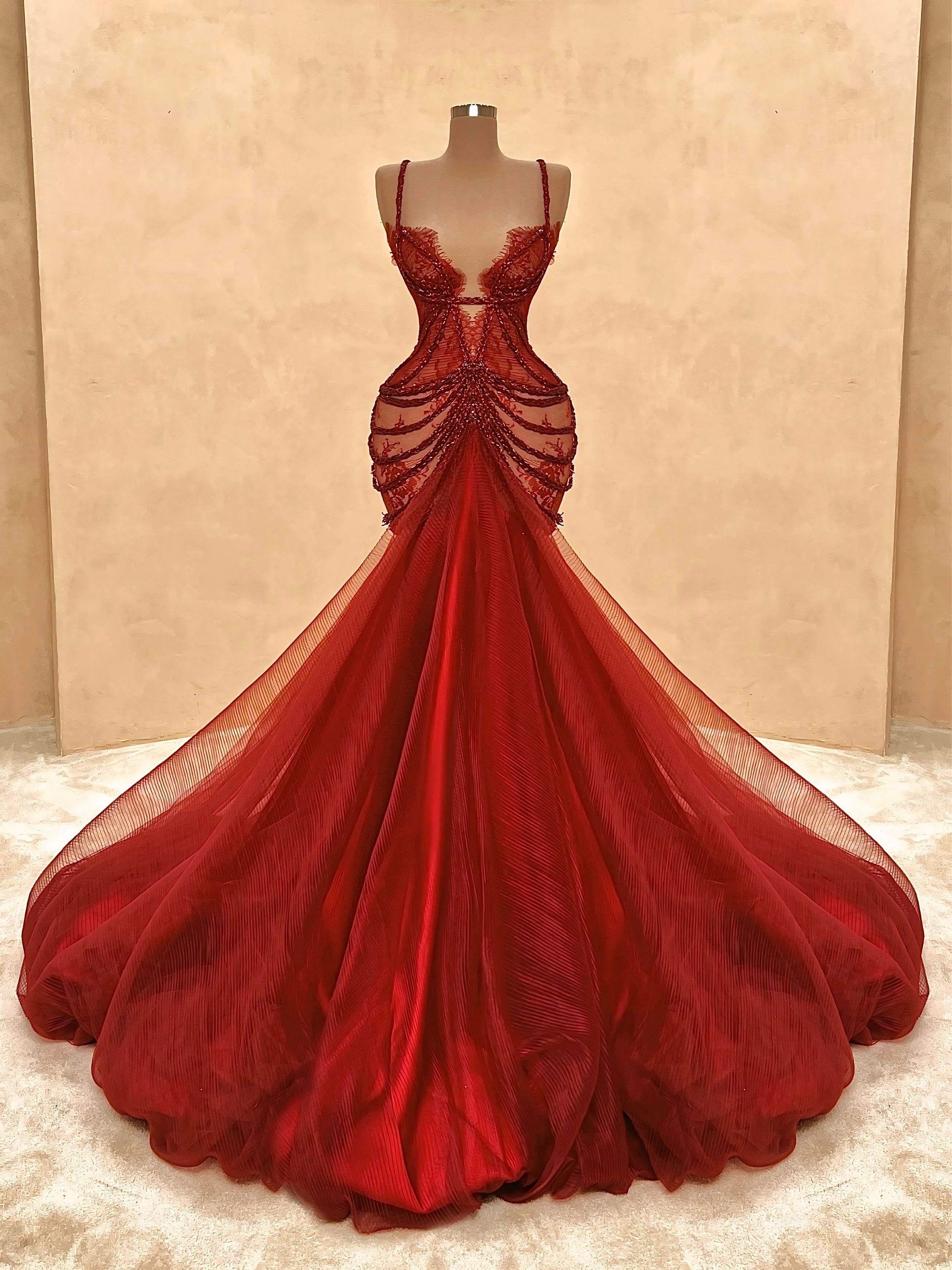 Red Lace Dragon Embroidery Gown with Fringe Sleeves Valdrin Sahiti VALDRIN SAHITI Red Lace Dragon Embroidery Gown with Fringe Sleeves Valdrin Sahiti VALDRIN SAHITI