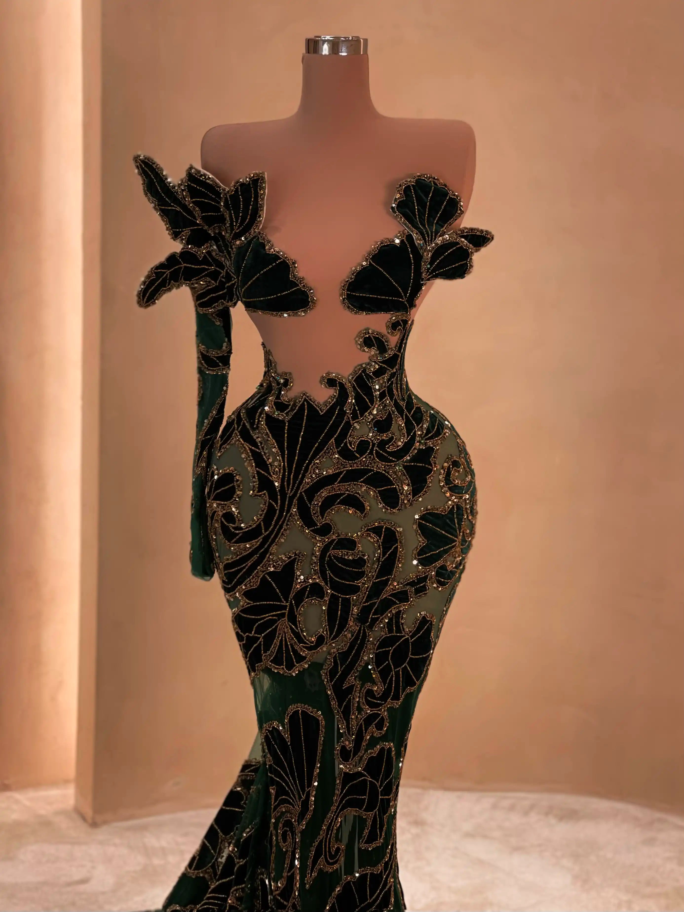 Black Velvet Gown with Floral Applique VALDRIN SAHITI Black Velvet Gown with Floral Applique VALDRIN SAHITI