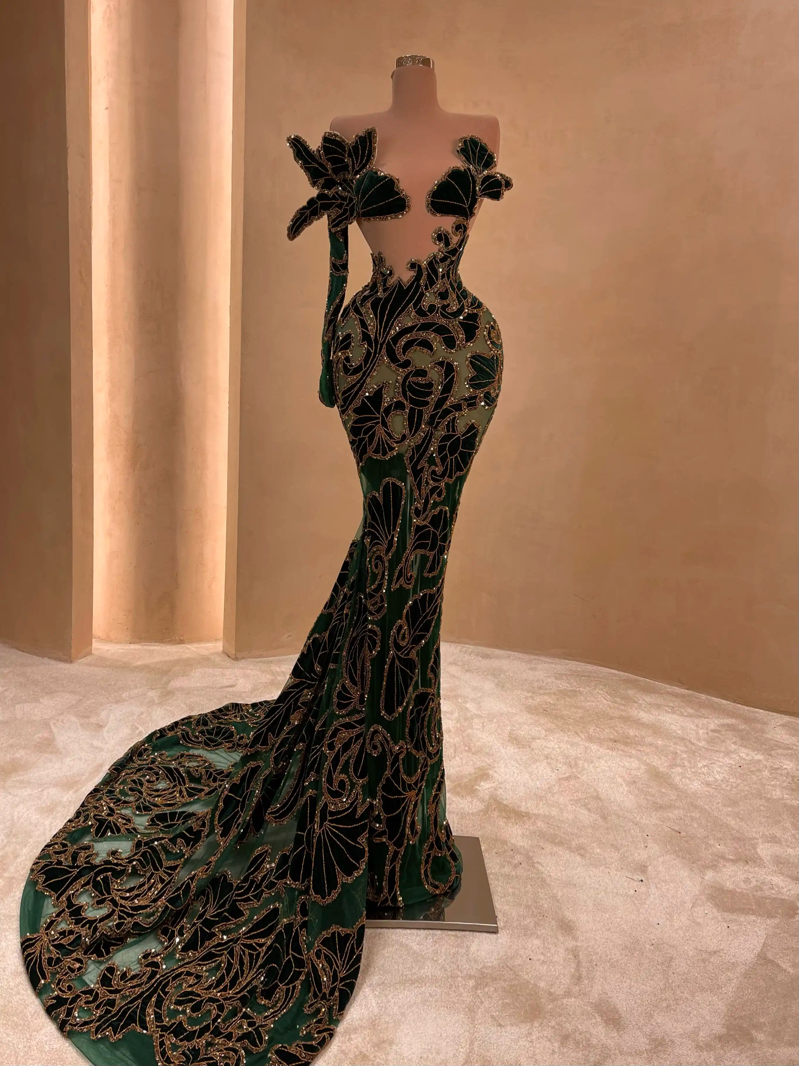 Black Velvet Gown with Floral Applique VALDRIN SAHITI Black Velvet Gown with Floral Applique VALDRIN SAHITI