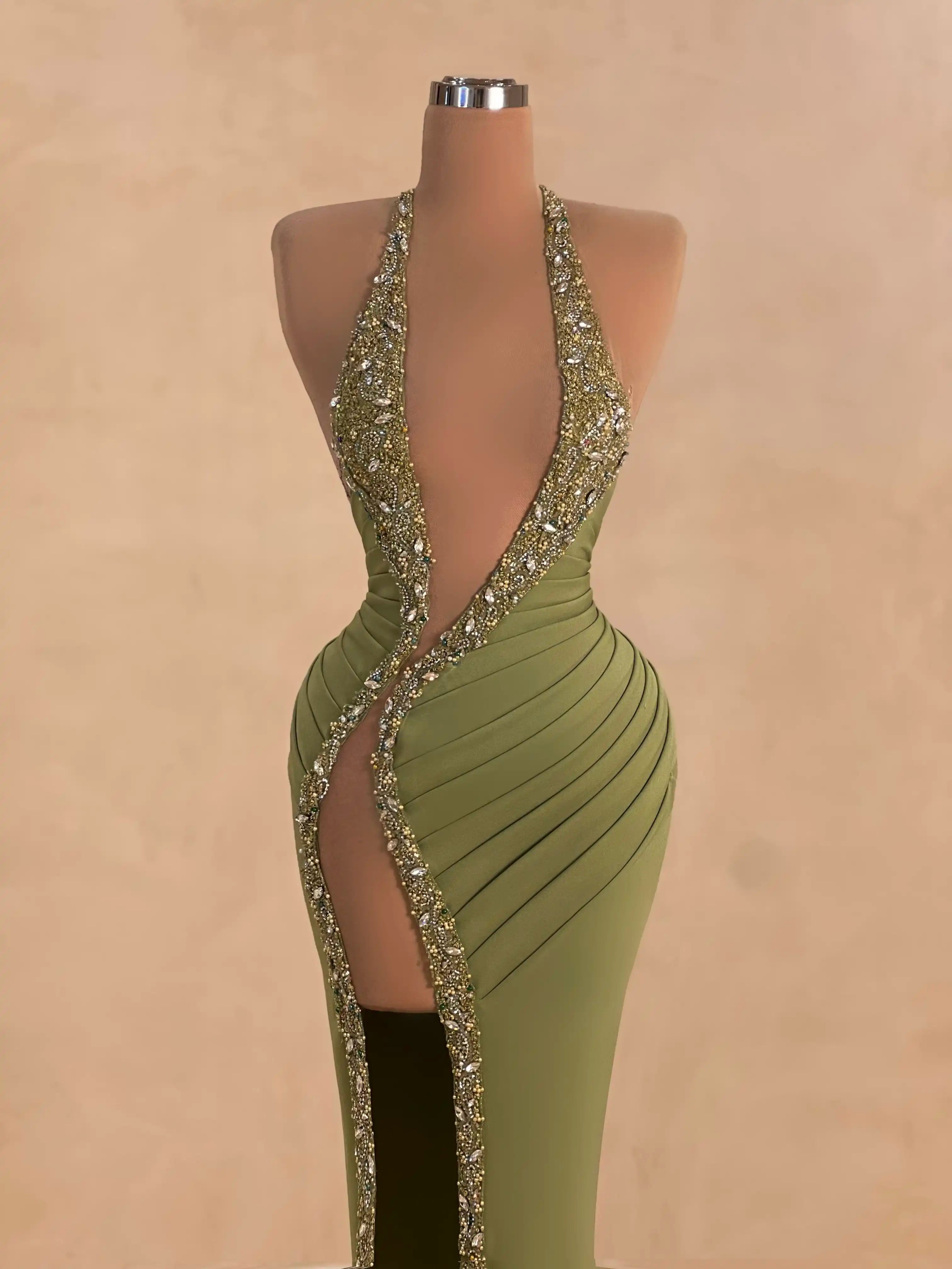 Olive Green Plunge Gown Evening Dress 061 VALDRIN SAHITI Olive Green Plunge Gown Evening Dress 061 VALDRIN SAHITI