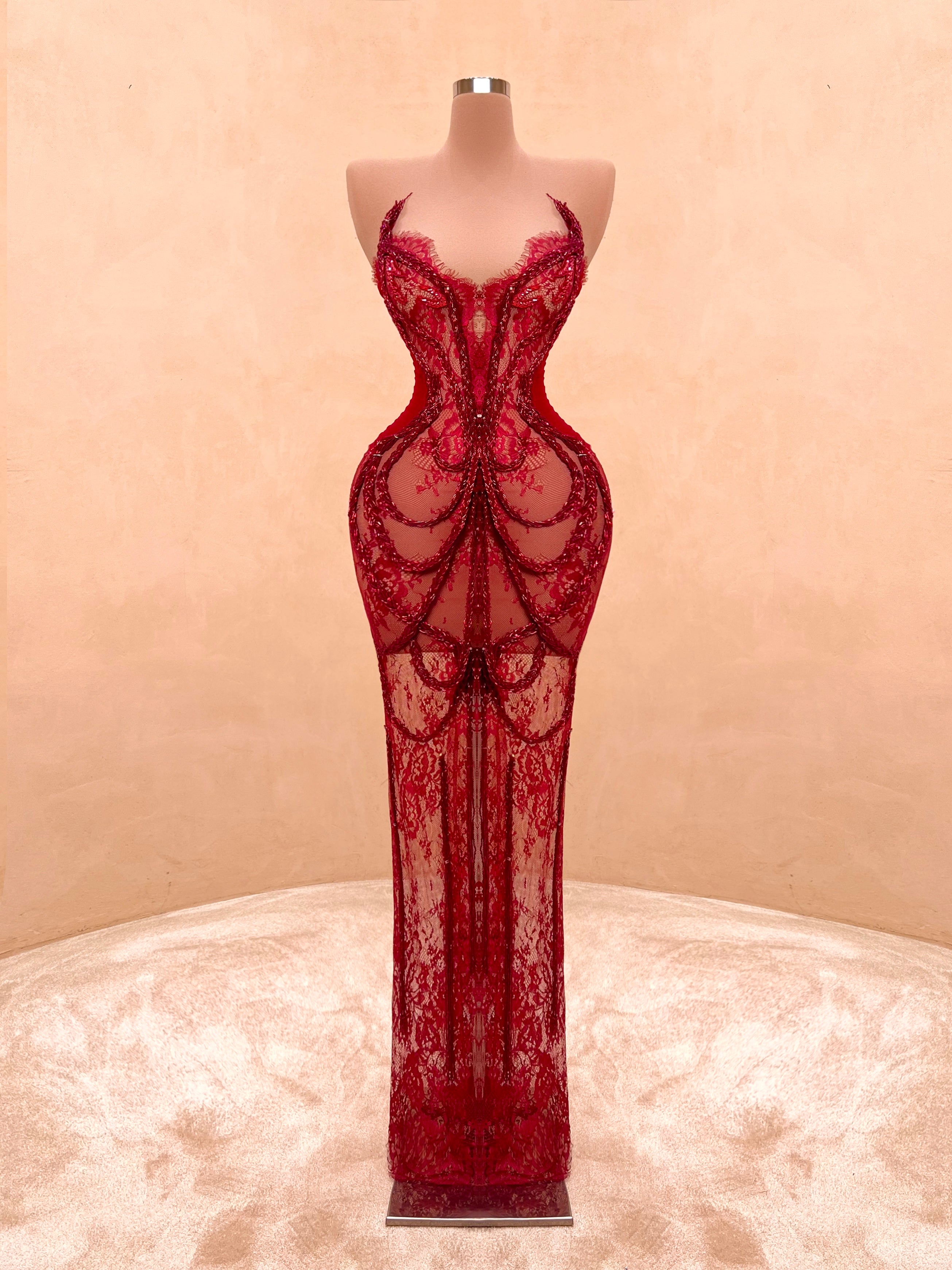 dragon red dress Red Lace Dragon Embroidery Gown with Fringe Sleeves Valdrin Sahiti VALDRIN SAHITI