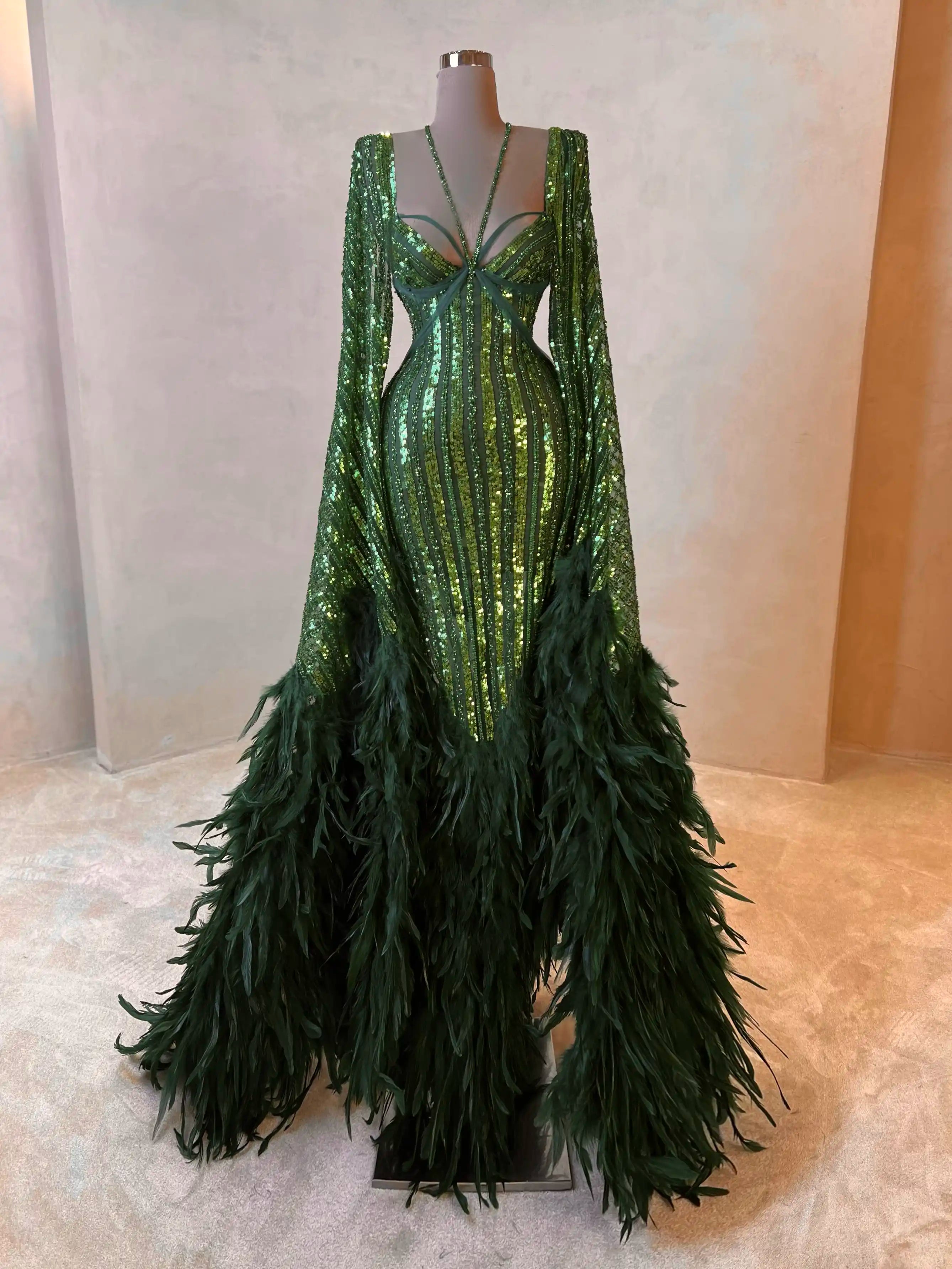 Emerald Sequin Feather Cape Gown Evening Dress 063 VALDRIN SAHITI Emerald Sequin Feather Cape Gown Evening Dress 063 VALDRIN SAHITI